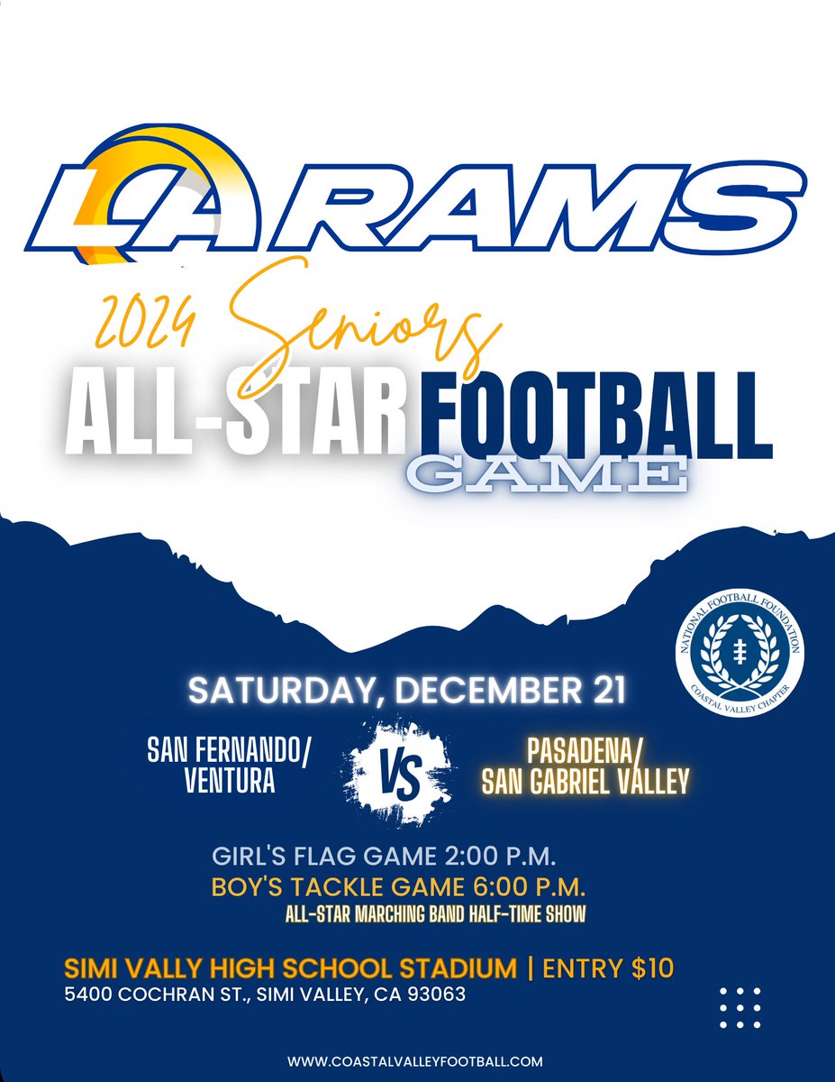 Just 2 days away!! Join us for the 2024 Senior All-Star Game on Saturday at Simi Valley High School!! Girls Flag 2 pm! Boys tackle 6 pm!! Tickets at coastalvalleyfootball.com! <a href="/gamebreakerhg/">GameBreaker</a> <a href="/RamsNFL/">Los Angeles Rams</a> <a href="/coachjb21/">Jim Benkert</a> @ghalee_LA_Rams <a href="/uaflagsv/">UAFlagSV</a> <a href="/vcsjoecurley/">Joe Curley</a> <a href="/latsondheimer/">eric sondheimer</a> <a href="/3anout/">Richard Fong</a>