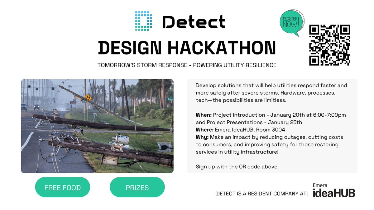 🚨 Mark Your Calendars! 🚨
On January 20th, Detect is hosting an exciting Design Hackathon at the Emera ideaHUB. This is your chance to help power utilities respond faster and more safely to severe storms. 🌩️

Sign up today: docs.google.com/forms/d/e/1FAI…
