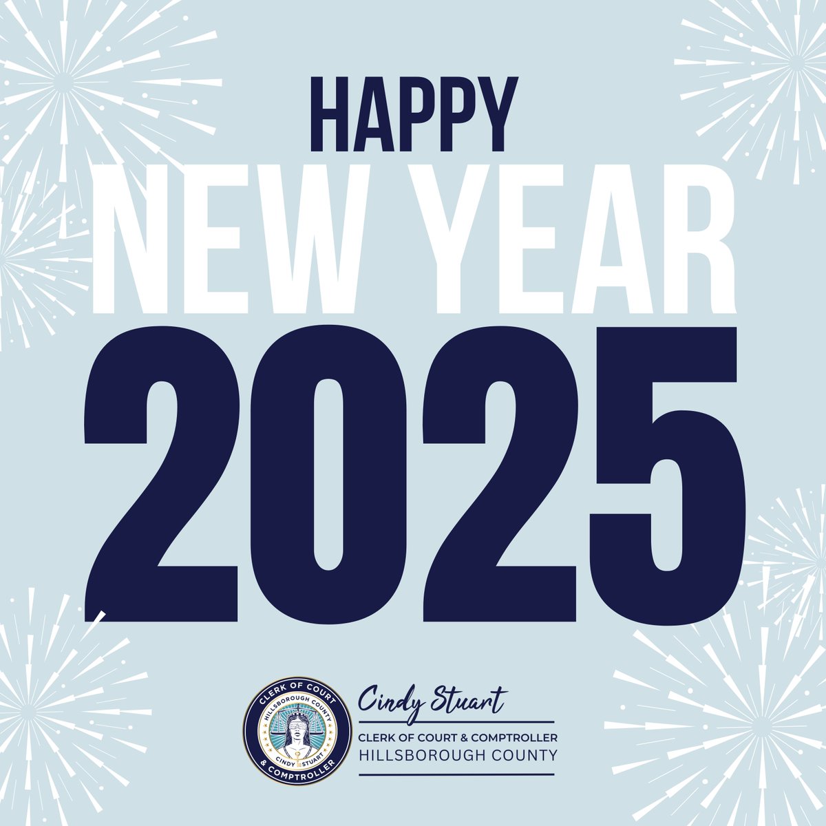 hillsclerk's tweet photo. Happy New Year from The Hillsborough County Clerk of Courts Office! Wishing you and yours a healthy, happy, and prosperous new year. We look forward to continuing to serve you in 2025 #FLClerk #hillsclerk https://t.co/R3xBNikydX