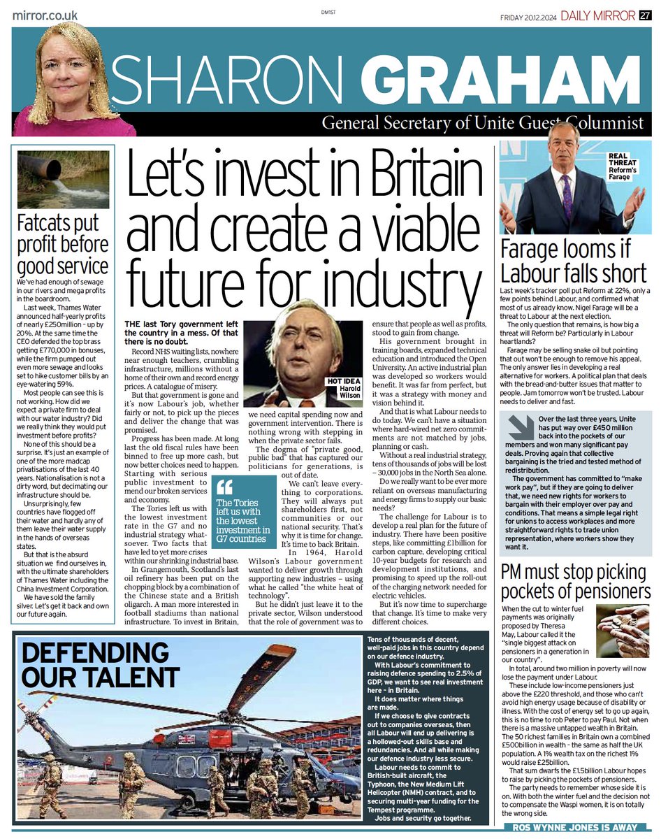 My Column for Real Britain | <a href="/DailyMirror/">The Mirror</a> 

➡️ Profiteering
➡️ Industrial plan for the future
➡️ <a href="/UKLabour/">The Labour Party</a> need to deliver
➡️ <a href="/unitetheunion/">Unite the union: join a union</a> are winning for members
➡️ Winter fuel cuts
➡️ Jobs and security go together

#JobsPayConditions