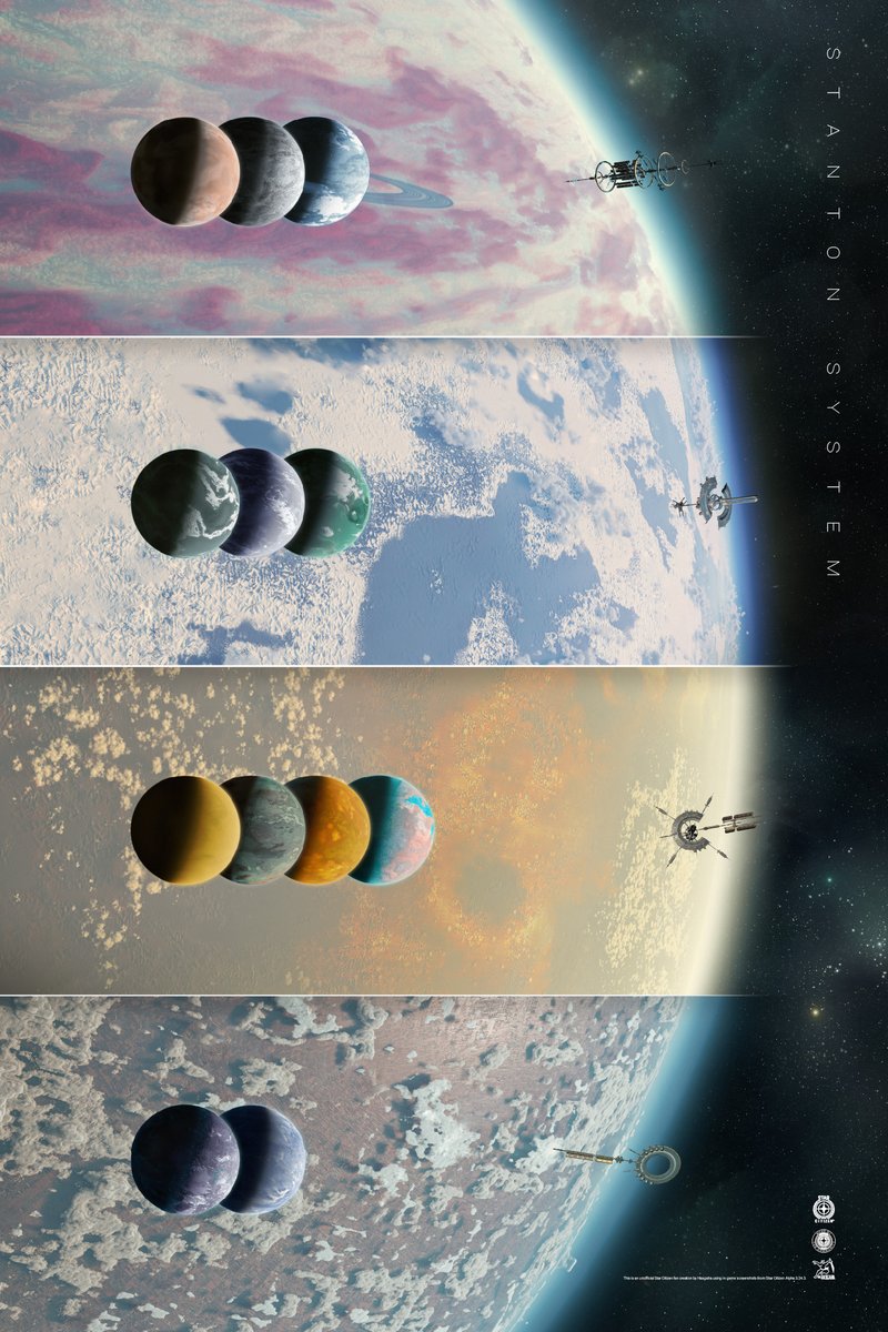 I created a poster of all 4 Stanton planets, main orbital station &amp; moons using in-game #screenshots from #StarCitizen. The main file is 24x36" @ 300dpi for movie poster size prints. Wallpapers are available:
hasgaha.com/2024/12/19/sli…
Hub: robertsspaceindustries.com/community-hub/…
<a href="/RobertsSpaceInd/">Star Citizen</a>