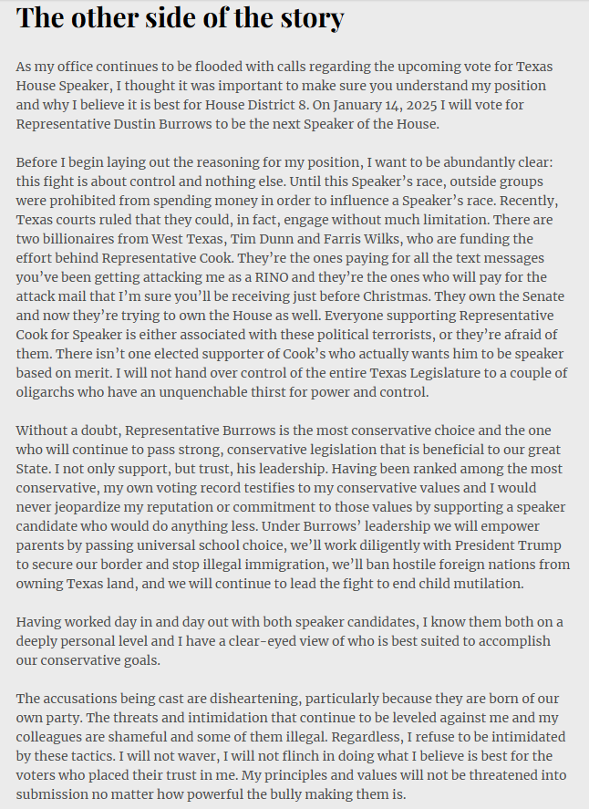 bradj_TX's tweet photo. .@CodyforTexas sent this email about his stance on the #txlege speaker race to his constituents (adds he'd vote to prohibit minority party chair appointments in floor vote):

"[T]his fight is about control and nothing else." https://t.co/fZe0cDXS2l
