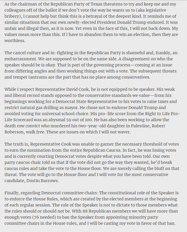 bradj_TX's tweet photo. .@CodyforTexas sent this email about his stance on the #txlege speaker race to his constituents (adds he'd vote to prohibit minority party chair appointments in floor vote):

"[T]his fight is about control and nothing else." https://t.co/fZe0cDXS2l
