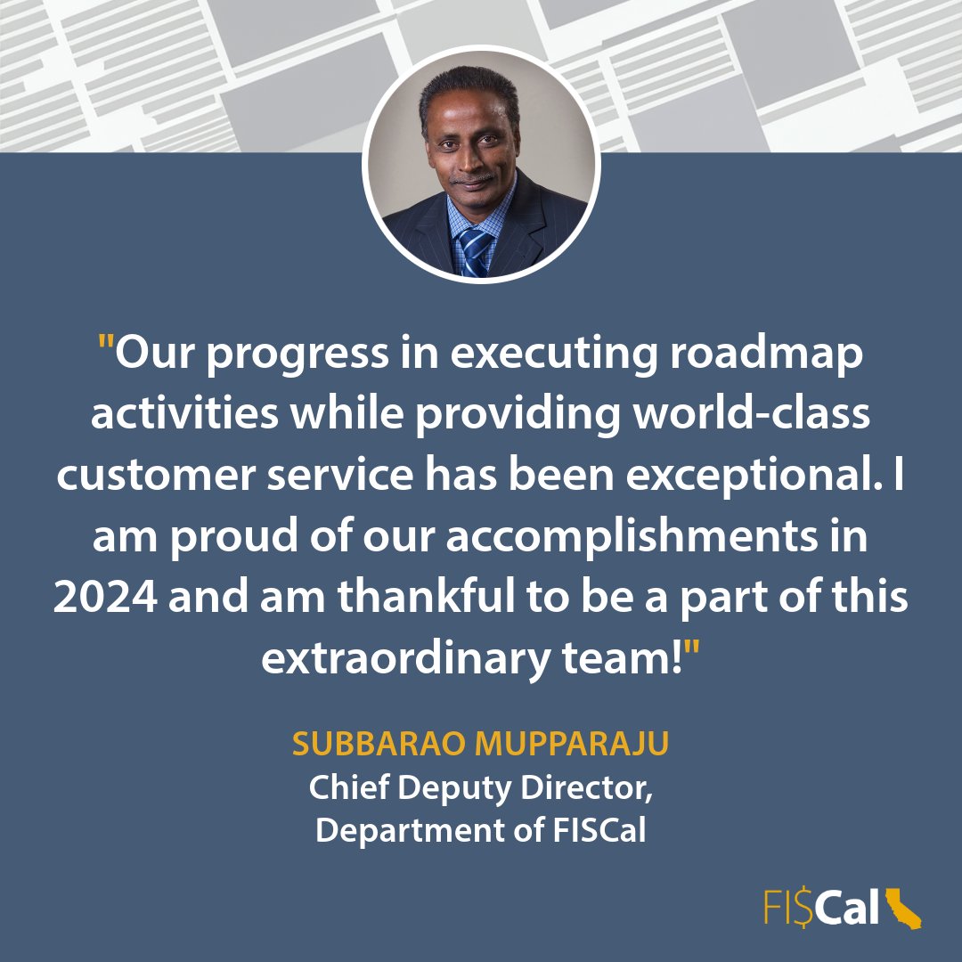 CalFiscal's tweet image. 2024 is coming to a close! Read the latest leadership article from our Chief Deputy Director, Subbarao Mupparaju, as he gives a year in review update for 2024. 

Access the article: Bit.ly/3BzzHwn 

#YearinReview #ITNews #2024Achievements