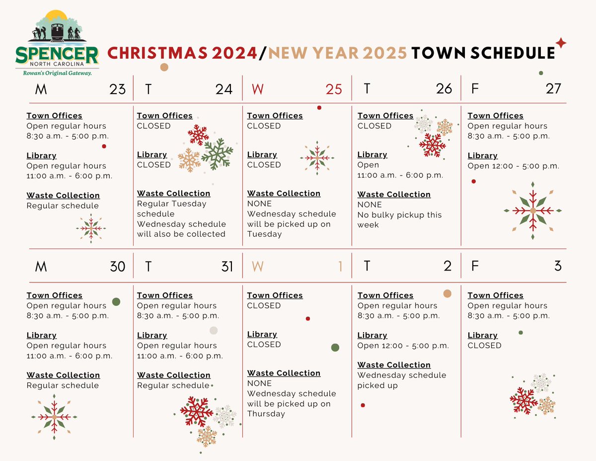 The Christmas and New Year holidays will impact Spencer Town Hall office hours, Spencer Public Library hours, and waste collection schedules. See the mini-calendar below for details.