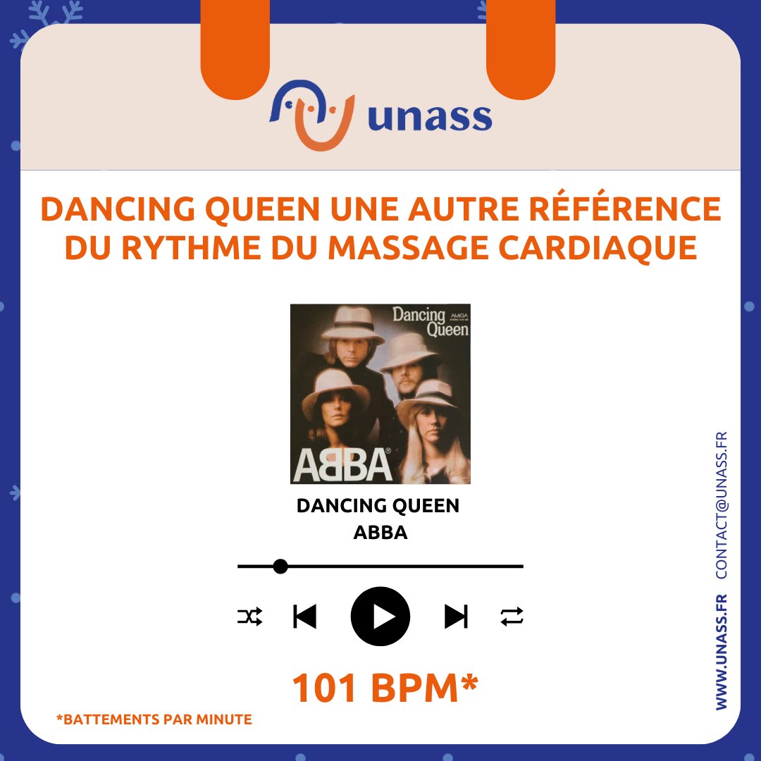 UNASS_fr's tweet image. 🎶 Le bon rythme pour un massage cardiaque : "Dancing Queen" d'ABBA ❤

Si vous avez besoin de vous rappeler du bon rythme, mettez cette chanson et suivez le tempo pour effectuer les compressions à un rythme régulier.

#UNASS #calendrier #secourisme #premiersecours