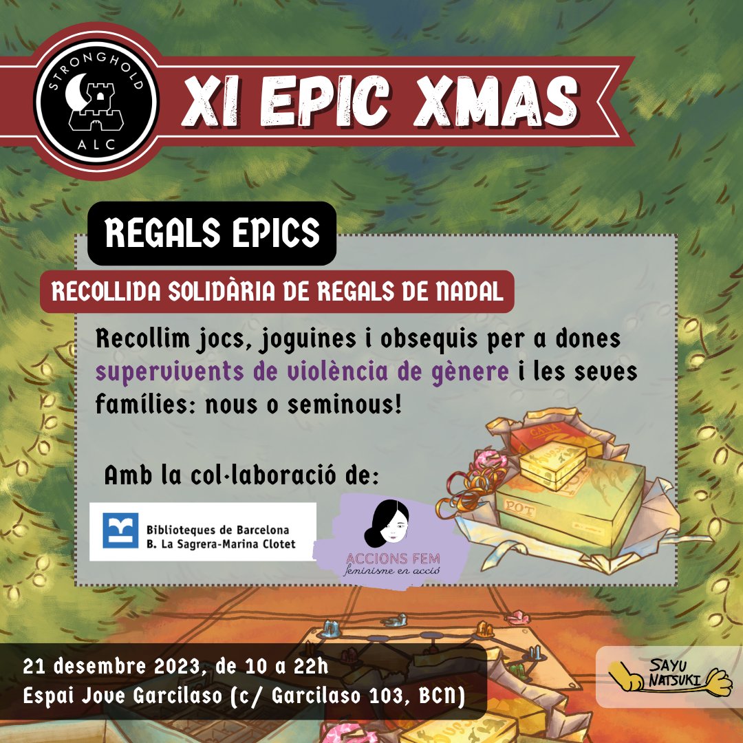 ALC_Stronghold's tweet photo. Demà a les #Tardesdejocs i durant tot el dissabte al #XIEpicDay podreu portar el vostre granet de sorra a la #recollidaregalsdenadal que fem en col·laboració amb @accionsfem per les dones supervivents de #vdg que atenen.

T'animes a donar i participar en la màgia del #nadal? https://t.co/zr2V1IxCTt