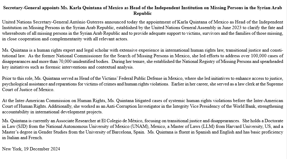 NoticiasONU's tweet photo. 🔴El Secretario General anuncia el nombramiento de la mexicana Karla Quintana @kiquinta como Jefa de la Institución Independiente sobre las Personas Desaparecidas en  #Siria,  establecida por la Asamblea General. https://t.co/Q49hYEjXiL