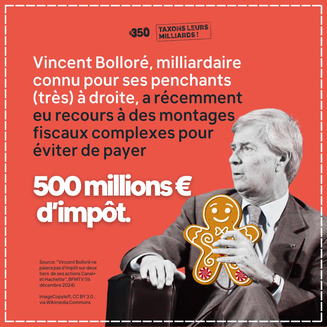 350France's tweet photo. 📺 Jour 20 - Calendrier de l'Avent #TaxonsLeursMilliards 📺

Vincent Bolloré, milliardaire (très) à droite, a  eu recours à des montages fiscaux complexes pour éviter de payer 5⃣0⃣0⃣ millions d'💶 d'impôts.

👉 Mobilisons-nous pour une taxation équitable : https://t.co/loeEmmdjR2 https://t.co/nlvG9aLmpF