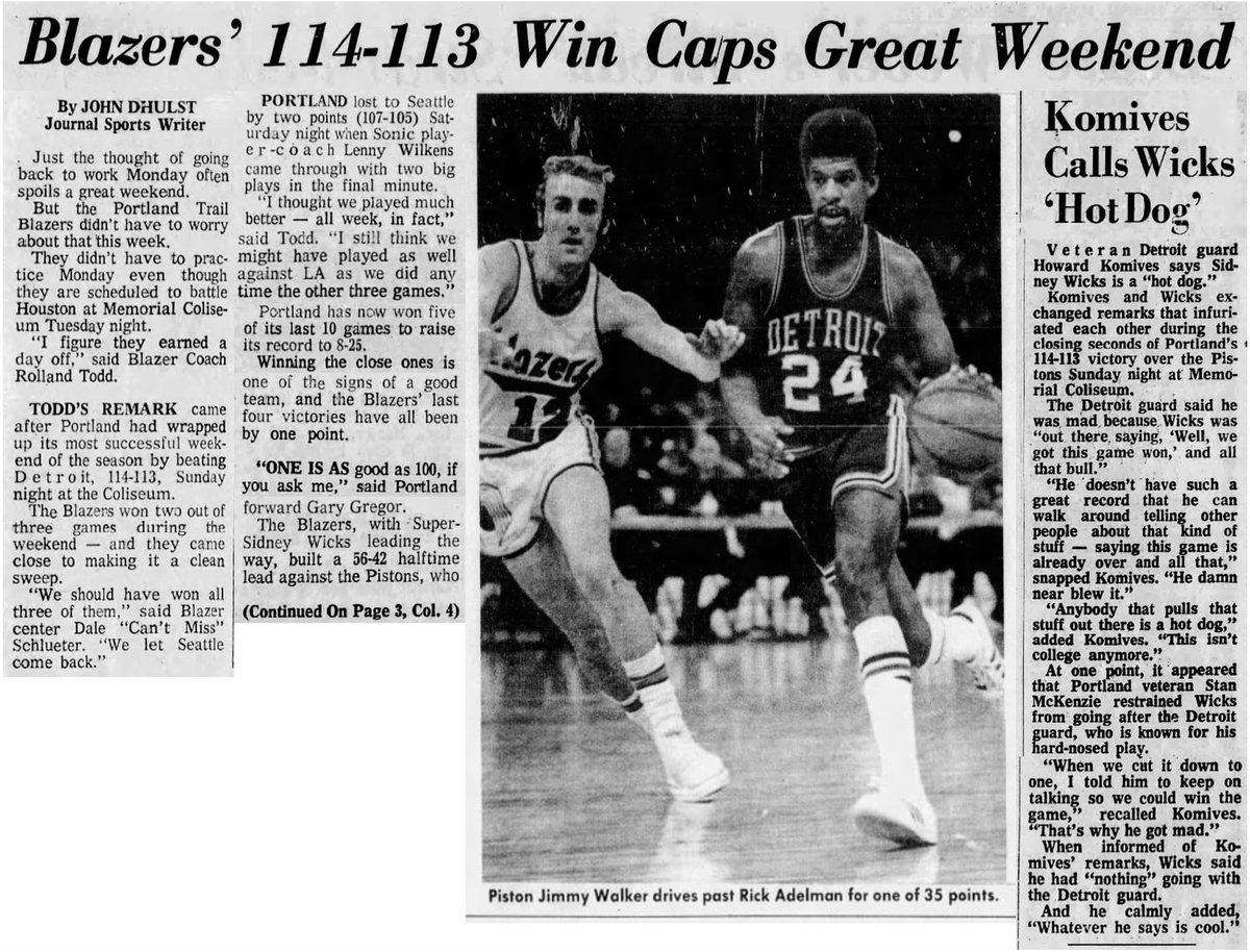 77Blazers's tweet photo. December 19, 1971 - The @trailblazers rookie forward #SidneyWicks scored 26 points and grabbed 17 rebounds as #Portland held off the @DetroitPistons despite a combined 68 points by #BobLanier and #JimmyWalker.
Wicks, who recorded his 19th double-double in the 33 games, scored 20 points and grabbed 12 rebounds in the opening half. #DaleSchlueter and #GaryGregor helped Wicks on the boards, gathering 16 and 12 rebounds respectfully. It is the 15th game that three #Blazers have gathered double-digit rebounds in a game.
Walker scored a game-high 35 points with Lanier adding 33. #Pistons forward #CurtisRowe, a teammate of Wicks at @UCLAMBB, grabbed 13 rebounds for #Detroit.
#ButchKomives, who had to be restrained from going after Wicks late in the game by Blazers guard #StanMcKenzie, referred to Wicks as a "hot dog" adding "this isn't college anymore."
#RipCity #ThisDateinBlazersHistory