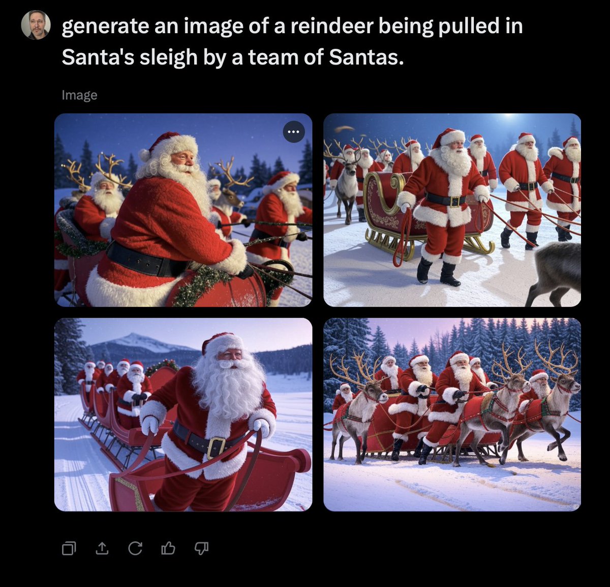 dreamingwell's tweet photo. New AI Challenge: Generate an image of a reindeer being pulled in Santa's sleigh by a team of Santas. None of them can do it. https://t.co/d4Ecv6Fg0I
