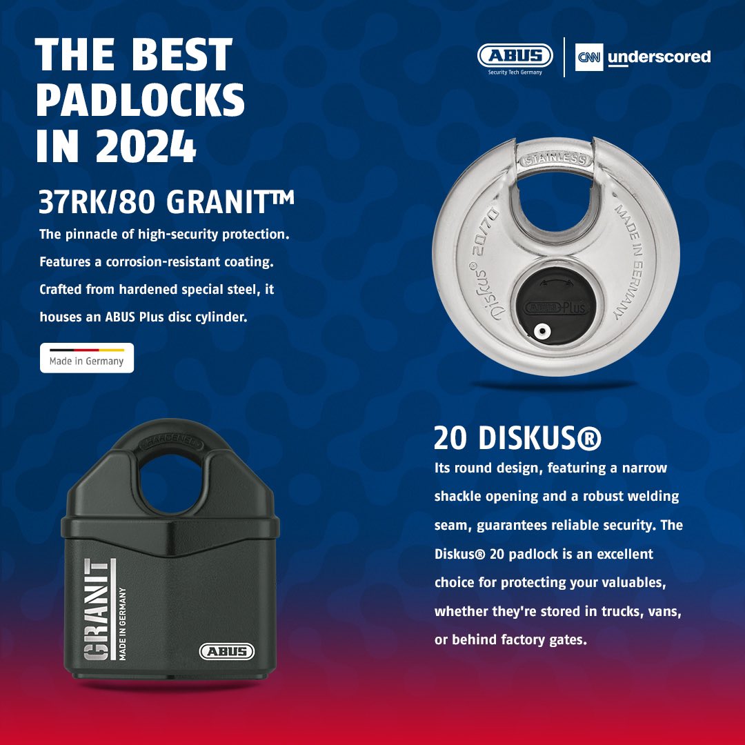 ABUS USA (@abus_usa) on Twitter photo 🏆🔒 Proud to be featured in <a href="/CNNUnderscored/">CNN Underscored Deals</a> list of the best padlocks for 2024! ABUS locks are recognized for quality & innovation, keeping you secure. Check out the article to see why we stand out! 💪
cnn.com/cnn-underscore…
#ABUSUSA #BestPadlocks2024 #Secure 🏆🔒 Proud to be featured in <a href="/CNNUnderscored/">CNN Underscored Deals</a> list of the best padlocks for 2024! ABUS locks are recognized for quality & innovation, keeping you secure. Check out the article to see why we stand out! 💪
cnn.com/cnn-underscore…
#ABUSUSA #BestPadlocks2024 #Secure