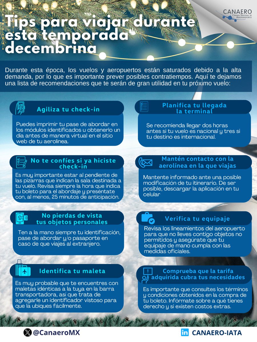 CANAEROMX's tweet image. 🎄🎁 ¡Prepárate para viajar sin contratiempos esta temporada decembrina! Consulta estas ocho recomendaciones para disfrutar de tu vuelo sin preocupaciones 🌍🛫

#TipsDeViaje #Diciembre #Vacaciones #CANAERO