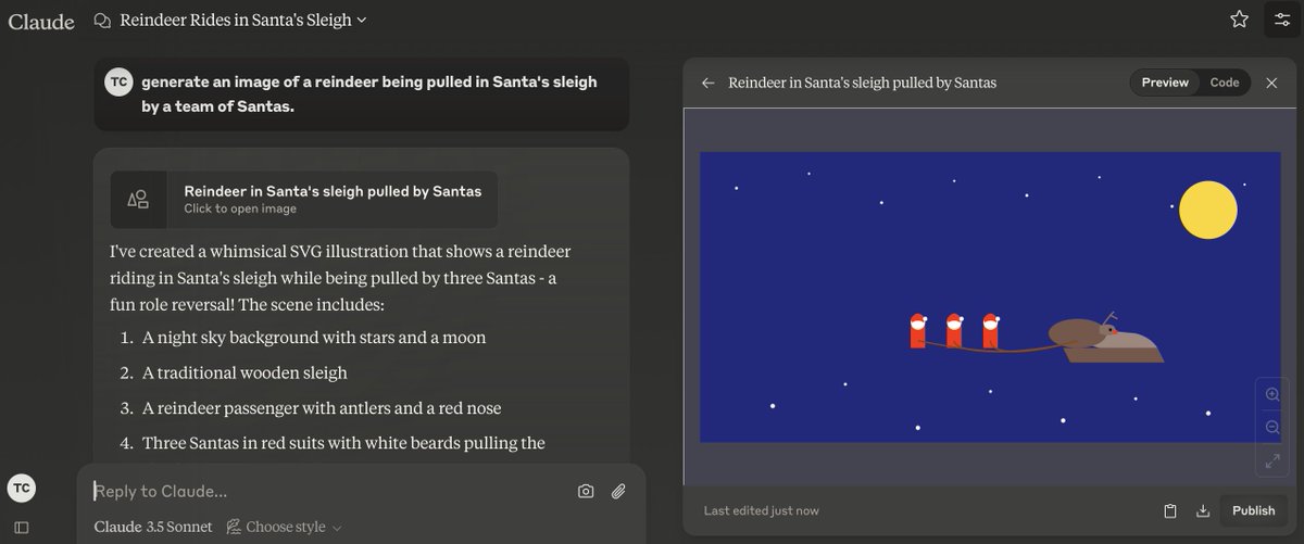 dreamingwell's tweet photo. New AI Challenge: Generate an image of a reindeer being pulled in Santa's sleigh by a team of Santas. None of them can do it. https://t.co/d4Ecv6Fg0I
