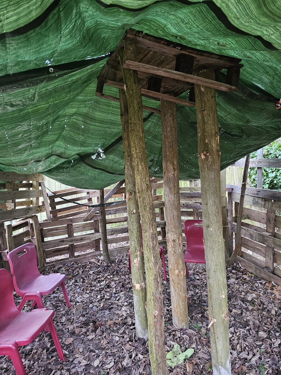 MrsPHT's tweet photo. Den Building club invited me for festive hot chocolate in their den!A group of students, meet on Monday after school &amp; have worked together to build this amazing construction!They'd really like to build a hen house next.I think they'll expect hens as well!🫣 @QueensburyAcad https://t.co/5uVAsjIN48