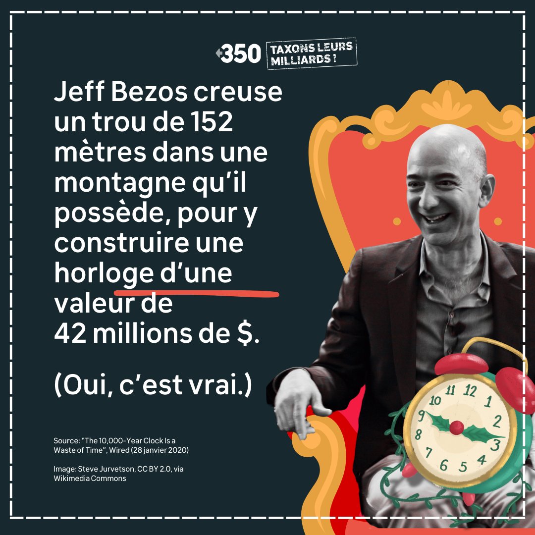 350France's tweet photo. ⏰ Jour 21 - Calendrier de l'Avent #TaxonsLeursMilliards⏰

Jeff Bezos a choisi de creuser un trou de 152 mètres dans une ⛰️ qu'il possède, pour construire une 🕰️ d’une valeur de 42 millions de dollars.

On sait à quoi cet argent pourrait être utile!⤵️
https://t.co/loeEmmcM1u https://t.co/TmuFp3MJ2s