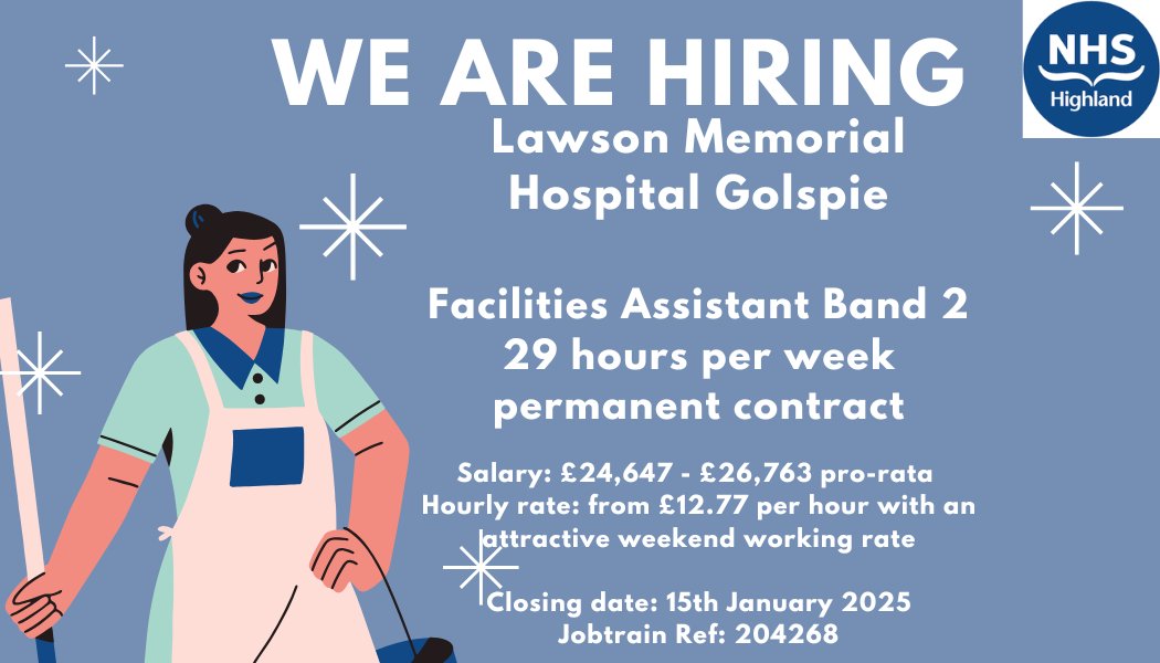 #nhshighland #vacancy

We have a part-time permanent opportunity to work within our friendly facilities team at the Lawson Memorial Hospital in Golspie.

If you are interested and for further information, please follow the link below:

Apply online via: apply.jobs.scot.nhs.uk/Job/JobDetail?…