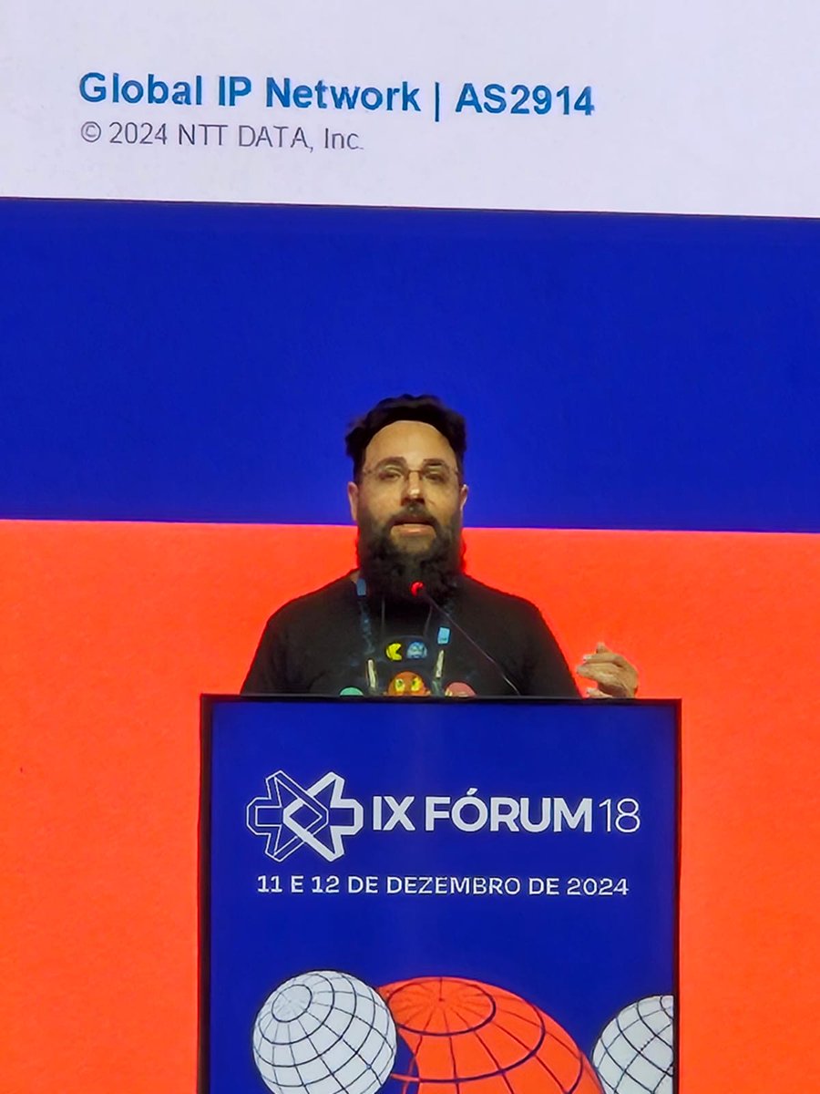 GinNTTnet's tweet photo. Our colleague @Paolo_Lucente delivered an insightful presentation at the IX Forum 18 a few days ago in São Paulo, hosted by @ComuNICbr and #CGIbr. His expertise on YANG Network Telemetry was well-received and highlighted our commitment to innovation and excellence.  For highlights from the event please check https://t.co/0dtrVUOTDG. 

#SemanaInfra #Tecnologia #Internet #Redes #Infraestrutura #Networking #IXbr @nttdata_inc @nttdatalatam