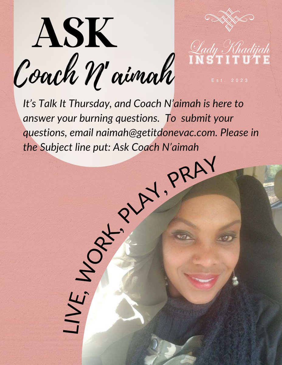 GetitDonePros's tweet photo. It's Talk It Thursday! 

Submit your burning questions on naimah@getitdonevac.com. Don't forget the subject line 'Ask Coach N'aimah.'

 Let's unlock your potential and find the answers together! 🚀

#QandA #LifeCoaching #MotivationSession #CoachNaimah https://t.co/wnNJqUaO1W