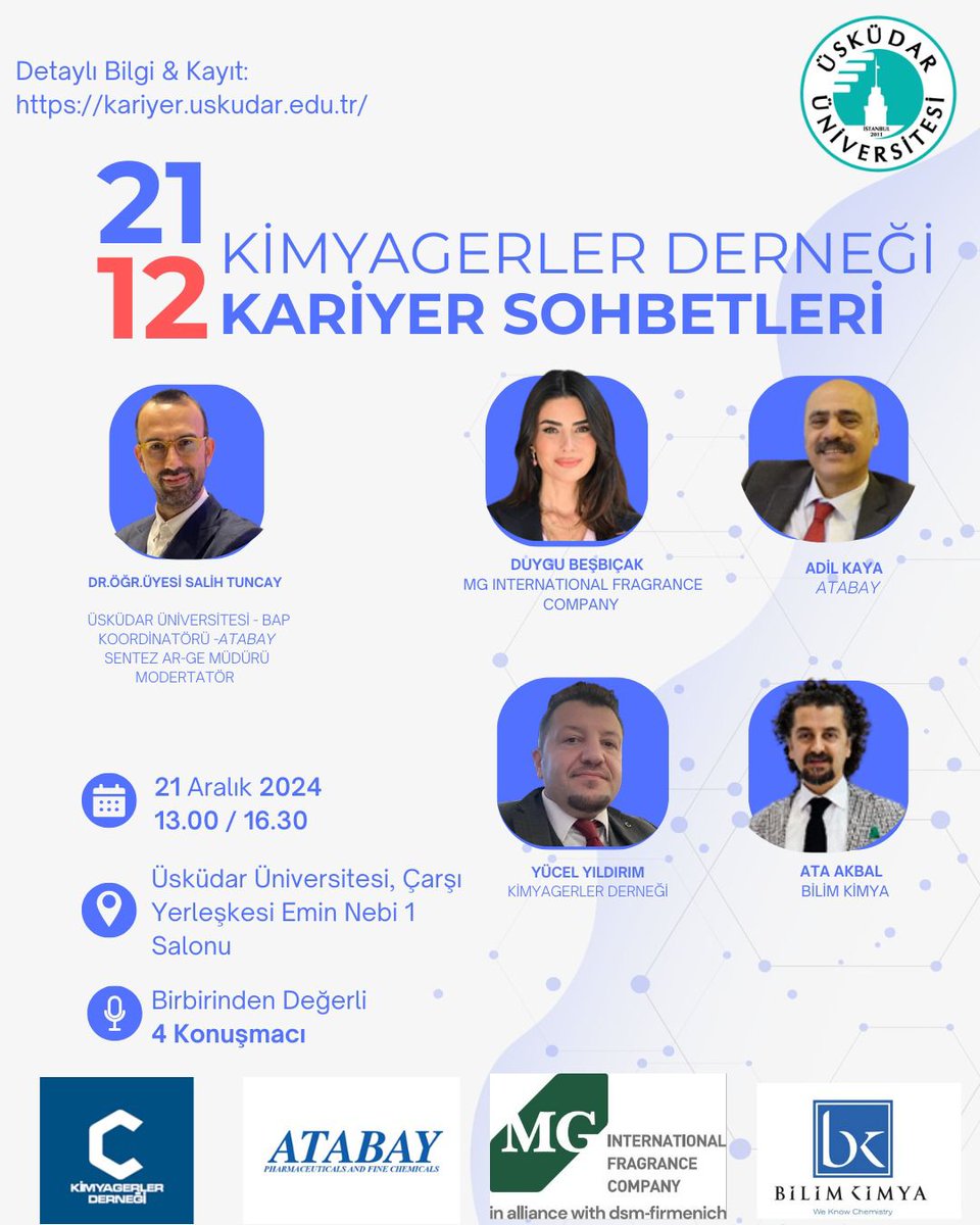 Derneğimiz Marmara Şubesinin Cumartesi Söyleşileri Kapsamında ki ilk buluşması 21 Aralık 2024  Cumartesi günü Üsküdar Üniversitesi Çarşı Yerleşkesi Emir Nebi -1 Salonunda yapılacak olup tüm meslektaşlarımızı bekleriz

#Kimya
#Kimyager
#Bilim
#Etkinlik