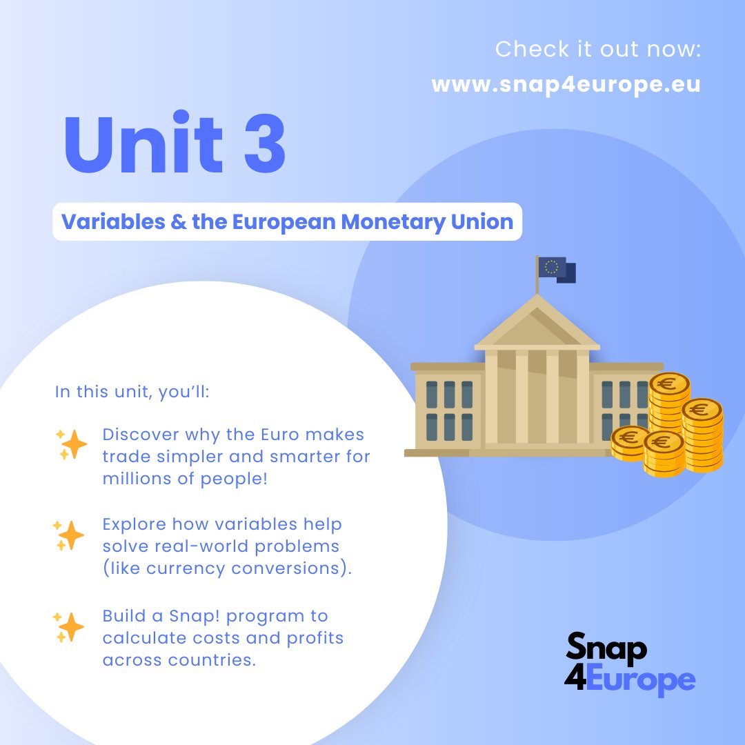 snap4europe's tweet image. 🌍💡 Unit 3 is live: Variables & the European Monetary Union 💻💶
👉 Check it out now: snap4europe.eu
Your feedback is welcome! 💬
#Snap4Europe #CodingMadeFun #STEMEducation #EuropeanUnion #LearnProgramming @SnapCloud #computersciencestudents #TEACHers @EUErasmusPlus