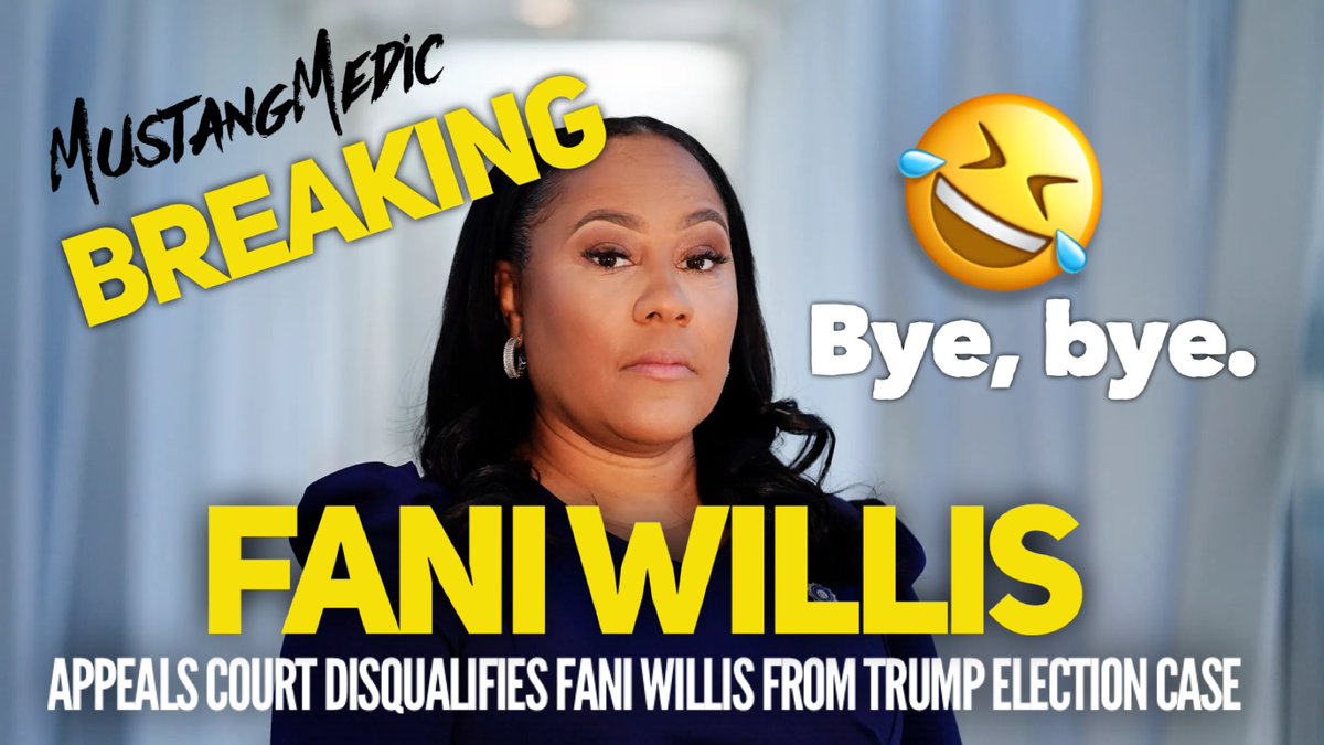 MustangMedicX's tweet photo. #BreakingNews Fani Willis OUT of Trump's Case!

Georgia Appeals Court disqualifies her from the Election case, but the indictment remains. #FaniWillis #TrumpCase #GeorgiaCourt https://t.co/o76gjlDmam