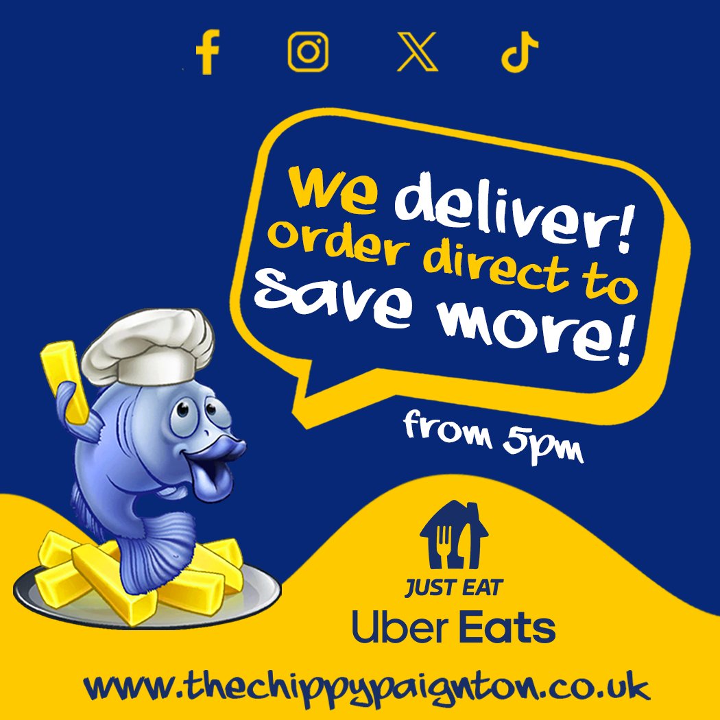 TheChippyTorbay's tweet photo. Too tired to drive or pick up your order? We'll deliver tasty treats right to your doorstep!
Order directly at https://t.co/0qGG6tAtZr for better prices than other delivery sites!
π π #TheChippy #FishAndChips #Delivery #Takeaway #paignton https://t.co/DkSgyER8Cp