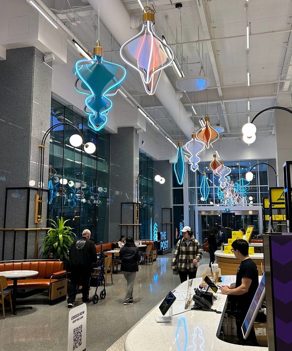 mossled's tweet photo. Studio Artefact created a contemporary holiday installation at The Post in Vancouver, featuring Moss LED neon products, which were used to illuminate the Christmas trees and hanging ornaments. Vibrant neon brings a festive glow to the space, blending artistry with lighting tech. https://t.co/2f4cw8DXhB