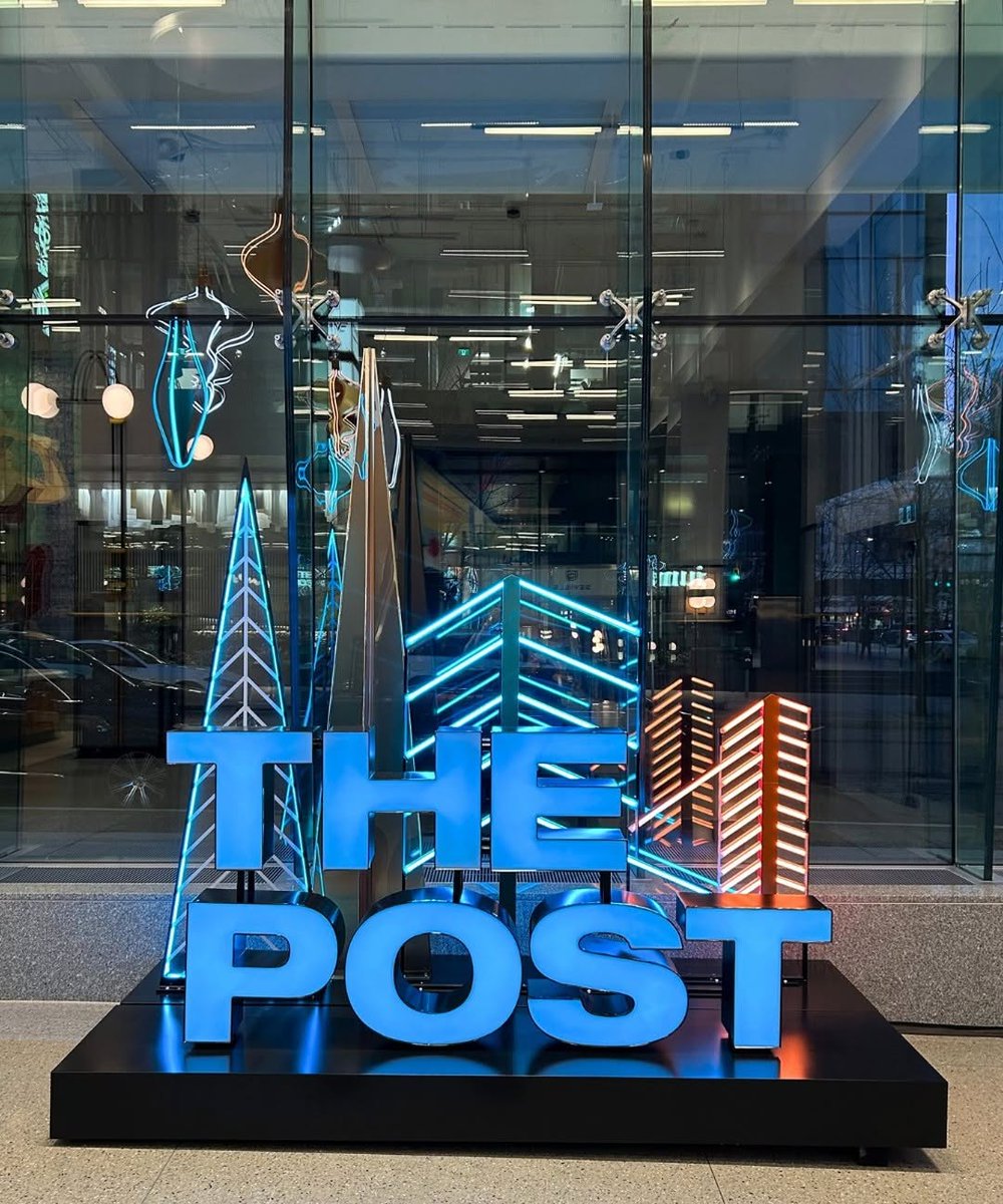 mossled's tweet photo. Studio Artefact created a contemporary holiday installation at The Post in Vancouver, featuring Moss LED neon products, which were used to illuminate the Christmas trees and hanging ornaments. Vibrant neon brings a festive glow to the space, blending artistry with lighting tech. https://t.co/2f4cw8DXhB