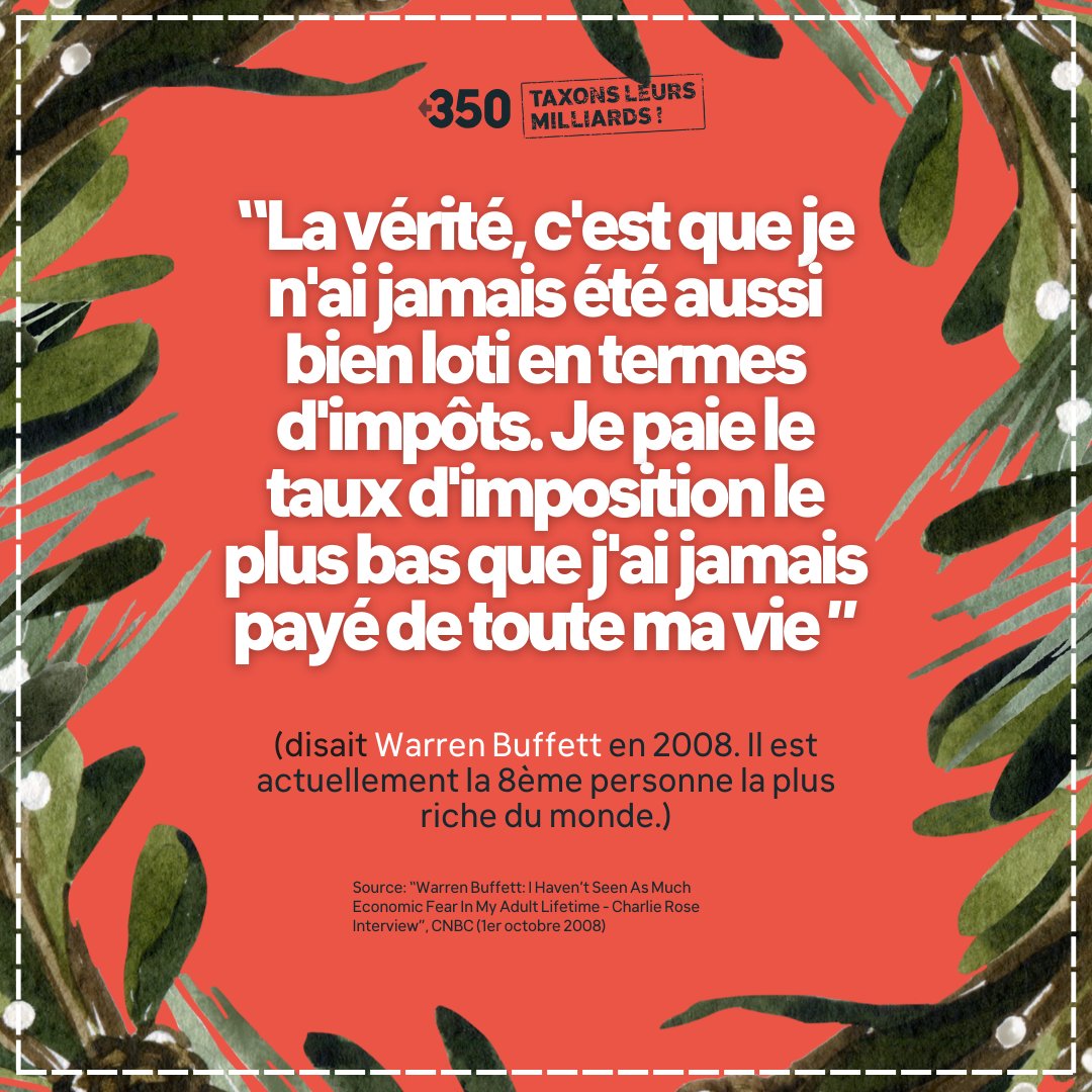 350France's tweet photo. 🤑 Jour 22 - Calendrier de l'Avent #TaxonsLeursMilliards 🤑

« Je paie le taux d'imposition le + bas que j'ai jamais payé de toute ma vie » disait Warren Buffett en 2008. Depuis, les riches ne connaissent pas la crise
👉 Taxons la richesse pour + d'équité: https://t.co/loeEmmdjR2 https://t.co/LdoF0cQxzp