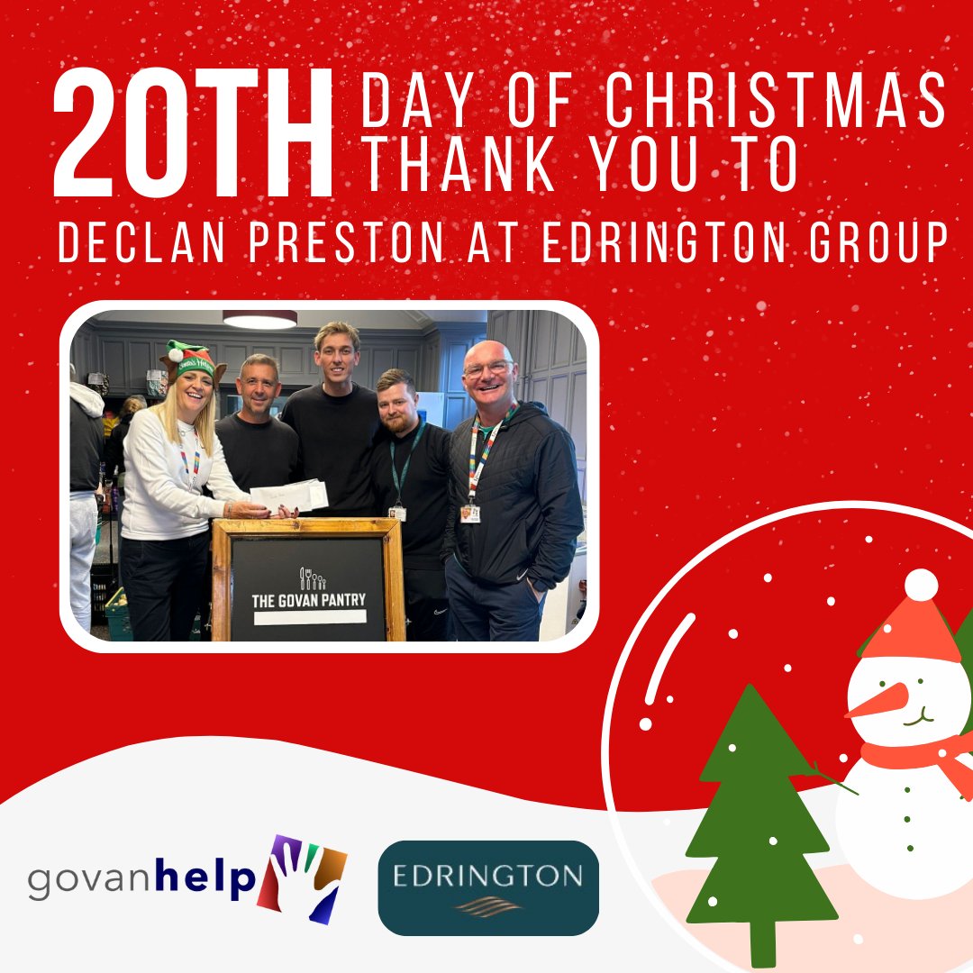 On the 20th day of Christmas, Govan HELP said thank you to… Declan Preston, Robert McCusker, James Turner, Liam O'Neil, Kyle Brown and Campbell Foley from <a href="/edringtoncomms/">Edrington</a> for their generous cash donation of over £5,000, raised through their sponsored cycle.