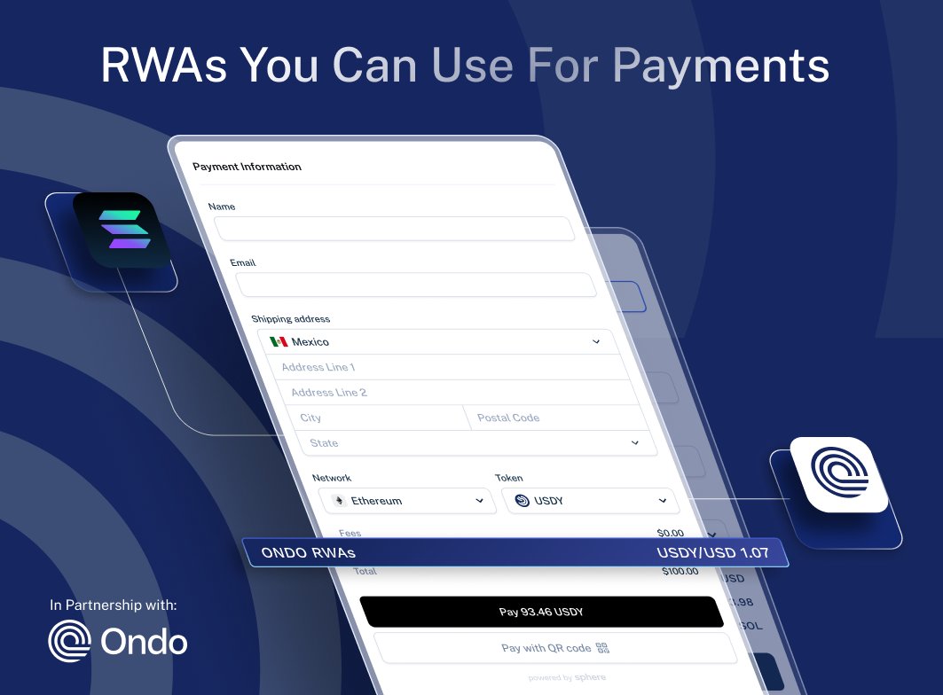 Sphere (@sphere_labs) on Twitter photo RWAs 🤝 @Solana
With <a href="/OndoFinance/">Ondo Finance</a>, Sphere clients unlock market-leading tokenized Real World Assets (RWAs). Tap into composability and gain the ability to optimize idle balances like never before. 👇 RWAs 🤝 @Solana
With <a href="/OndoFinance/">Ondo Finance</a>, Sphere clients unlock market-leading tokenized Real World Assets (RWAs). Tap into composability and gain the ability to optimize idle balances like never before. 👇