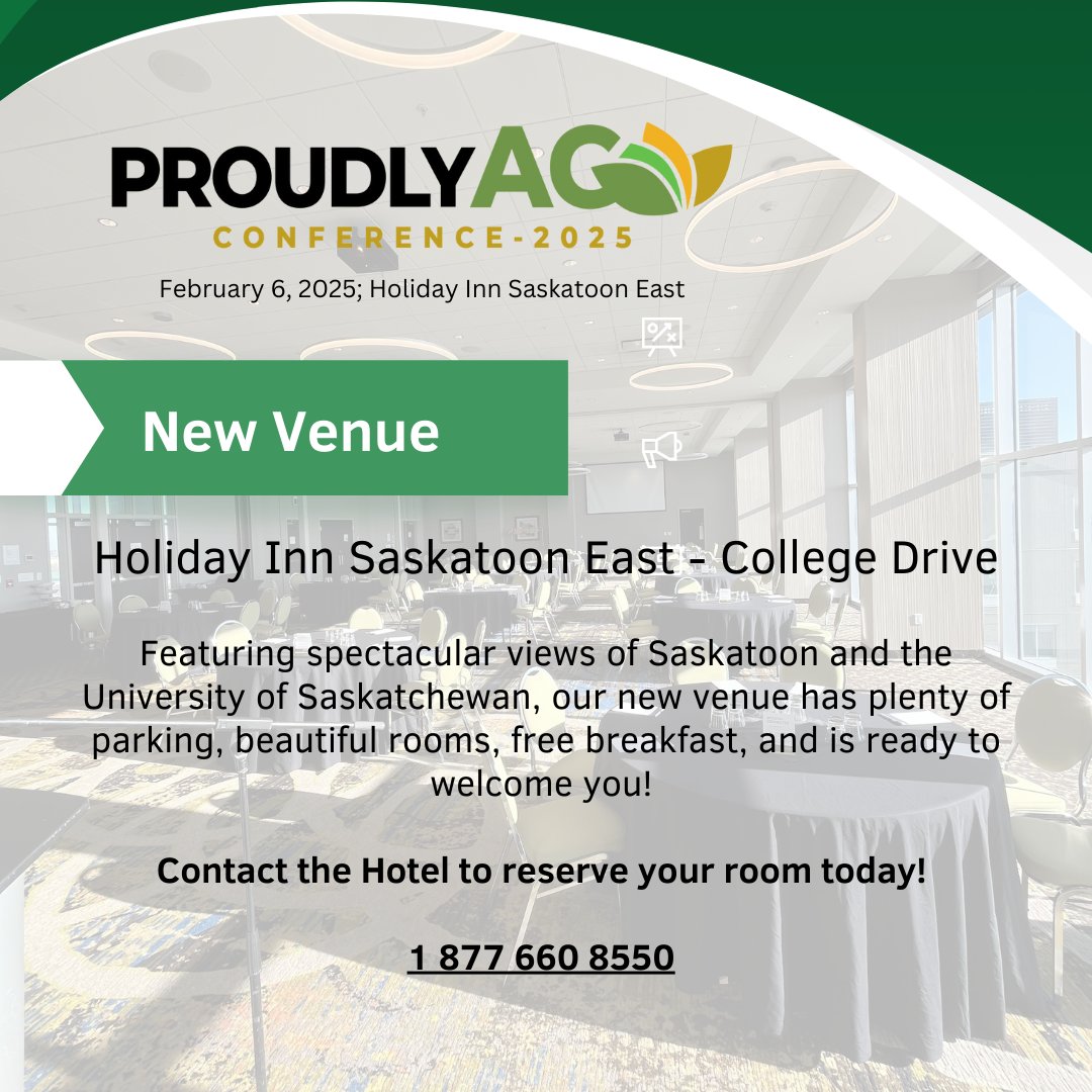 A stellar conference includes a brand new venue for SYA - beautiful rooms, a breathtaking view of Saskatoon, and free breakfast for those staying at the hotel. 

Call the hotel to reserve your room today and register for Proudly Ag 2025 before the price goes up on January 1!