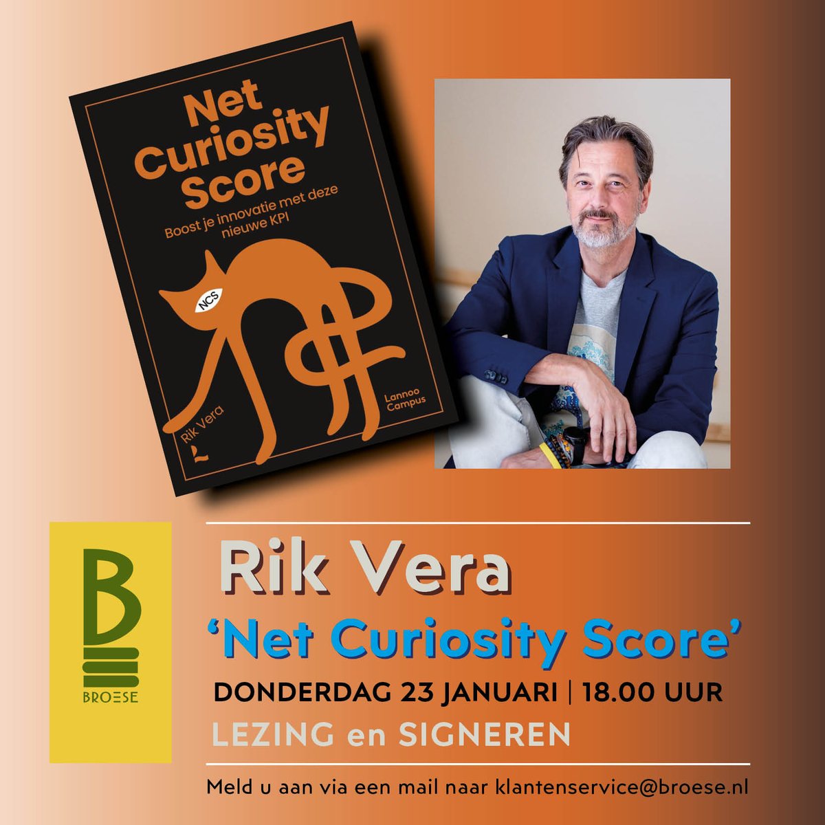 Coach Rik Vera geeft een lezing over zijn nieuwste boek ‘Net Curiosity Score’. Met behulp van een positieve Net Curiosity Score (NCS) worden innovatie aangemoedigd en werknemers uitgedaagd. Na de lezing beantwoordt Vera vragen uit het publiek. Meld u aan: broese.nl/agenda/lezing-…