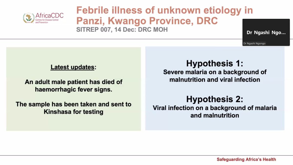 Africa CDC (@africacdc) on Twitter photo There are 2 working diagnoses for the mystery disease in DRC’s #Kwanzo province. The 1st suggests severe #malaria compounded by malnutrition & a viral infection. The 2nd points to a viral infection occurring alongside #malaria & #malnutrition, says <a href="/AfricaCDC/">Africa CDC</a>’s Dr Ngashi Ngongo. There are 2 working diagnoses for the mystery disease in DRC’s #Kwanzo province. The 1st suggests severe #malaria compounded by malnutrition & a viral infection. The 2nd points to a viral infection occurring alongside #malaria & #malnutrition, says <a href="/AfricaCDC/">Africa CDC</a>’s Dr Ngashi Ngongo.