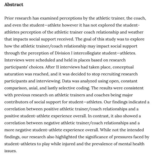 JofInterSport's tweet image. New article to share with our community:
An Exploration of Student-Athletes Perception on the Athletic Trainer/Coach Relationship: Case Study on Social Support
By Nikki Owens and the late Emeka Anaza
journals.ku.edu/jis/article/vi…
In memoriam for Dr. Anaza doi.org/10.17161/jis.v…