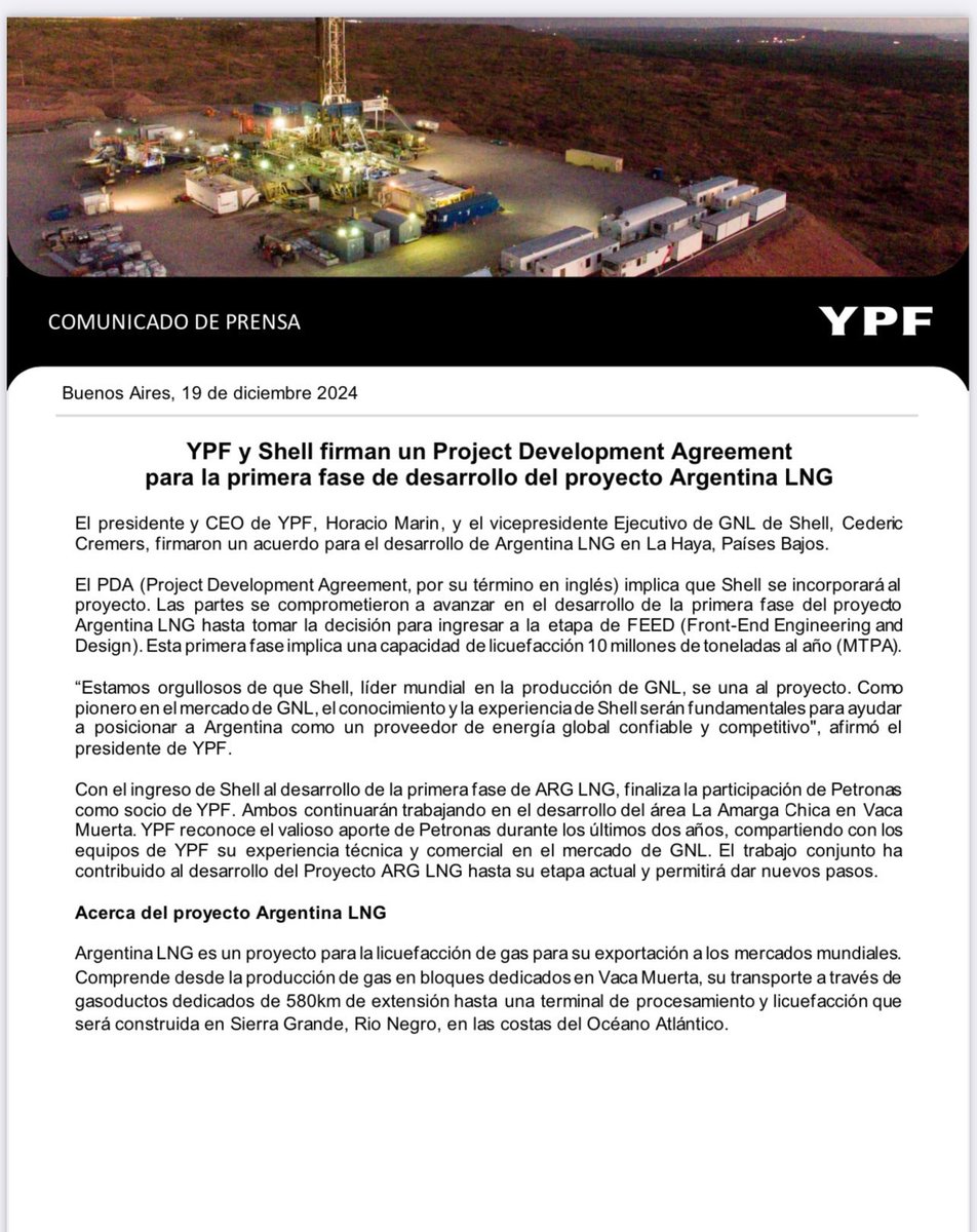 💰🇦🇷 YPF与壳牌签署Vaca Muerta项目开发协议：2027年至2047年间，石油公司每年可向全球出售液化天然气70亿美元，整个期间总计1400亿美元