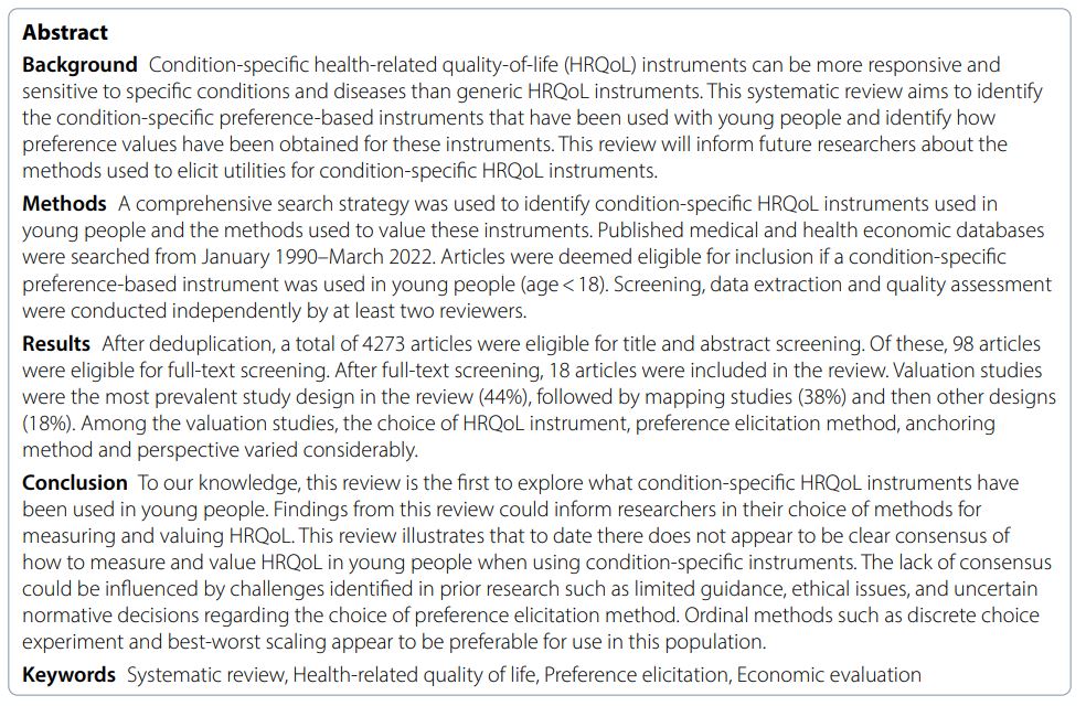 Health Economics & Evidence Synthesis NCL (@heconevsynncl) on Twitter photo New paper in <a href="/JPRO_ISOQOL/">JPatientRepOutcomes</a>: "A #systematicreview of condition-specific preference-based measures used in young people and their valuation methods" by <a href="/__willking/">Will King</a>, Lauren Hockley, <a href="/DrAngelaBate/">Dr Angela Bate</a>, @TomosRobinson1 & <a href="/Lauraternent1/">Lauraternent</a>: shorturl.at/t1hCQ #healtheconomics RT New paper in <a href="/JPRO_ISOQOL/">JPatientRepOutcomes</a>: "A #systematicreview of condition-specific preference-based measures used in young people and their valuation methods" by <a href="/__willking/">Will King</a>, Lauren Hockley, <a href="/DrAngelaBate/">Dr Angela Bate</a>, @TomosRobinson1 & <a href="/Lauraternent1/">Lauraternent</a>: shorturl.at/t1hCQ #healtheconomics RT