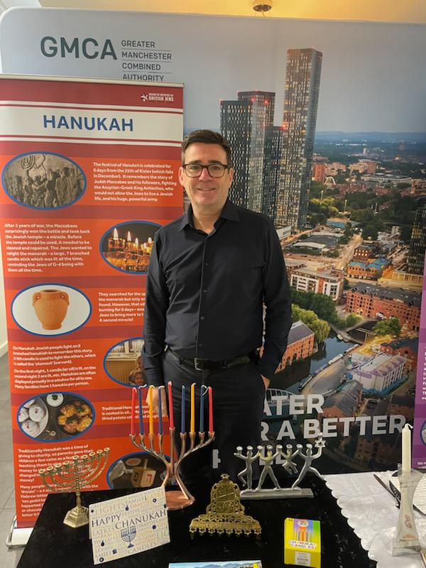 Board of Deputies of British Jews (@boardofdeputies) on Twitter photo Our Jewish Living Experience Exhibition has been housed at the <a href="/greatermcr/">Greater Manchester Combined Authority</a> buildings yesterday and today. <a href="/AndyBurnhamGM/">Andy Burnham</a> visited the exhibition. With Hanukah being next week, how apt that this photo is of him in front of the Hanukah banner and artefacts! Our Jewish Living Experience Exhibition has been housed at the <a href="/greatermcr/">Greater Manchester Combined Authority</a> buildings yesterday and today. <a href="/AndyBurnhamGM/">Andy Burnham</a> visited the exhibition. With Hanukah being next week, how apt that this photo is of him in front of the Hanukah banner and artefacts!