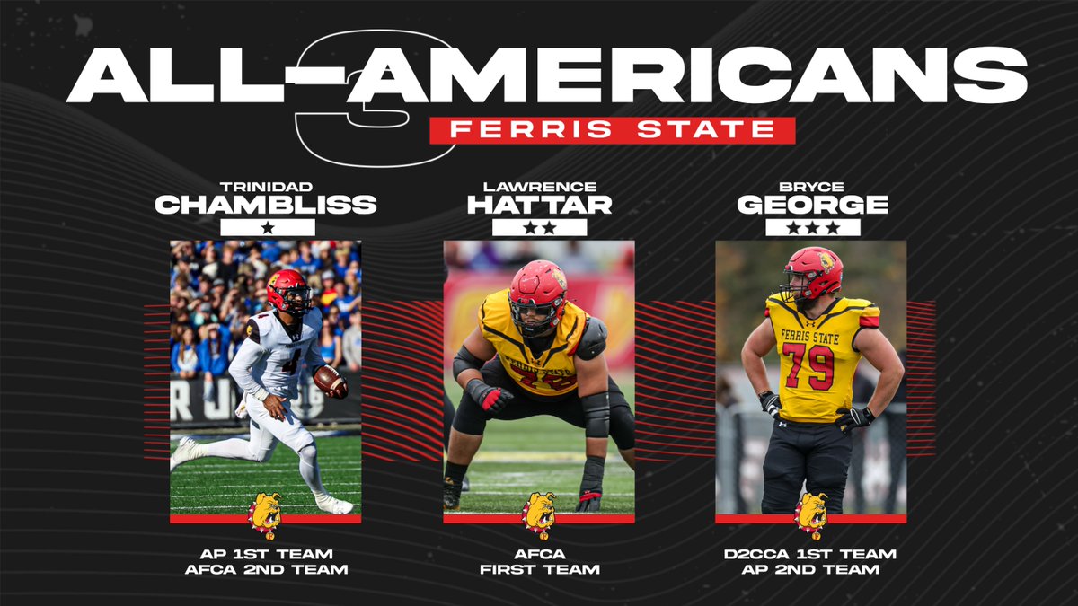 ALL-AMERICANS! Three Ferris State Football standouts earn All-America recognition as 'Dawgs prepare for D2 National Championship Game! ferrisstate.prestosports.com/sports/fball/2…