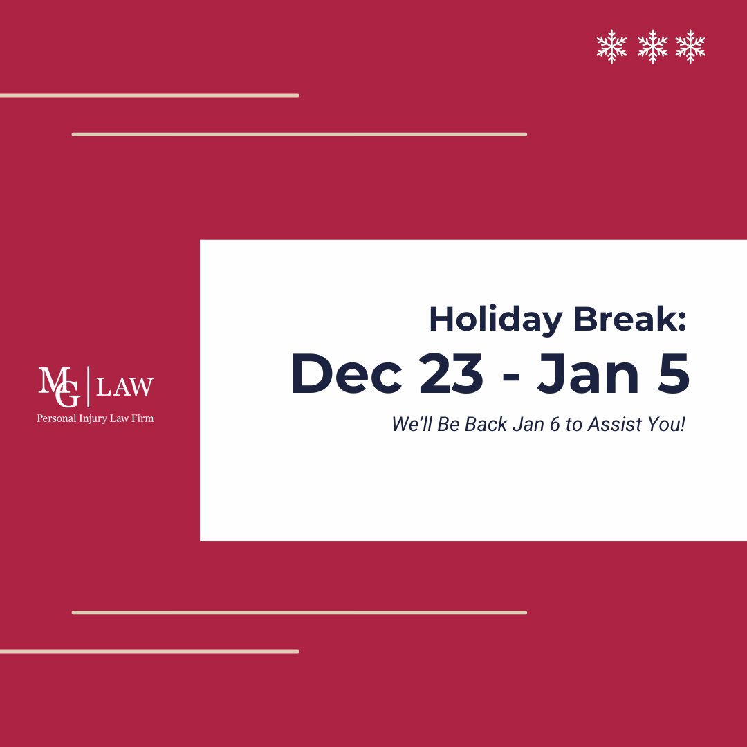MGLawOffices's tweet photo. The holiday season is upon us! 🎄✨ 

Please note that our office will be closed as of December 23, 2024, as we take time to celebrate with our loved ones. We'll be back and ready to assist you on January 6, 2025. 

Wishing you a safe and joyful holiday season! https://t.co/EP71rc5LN7