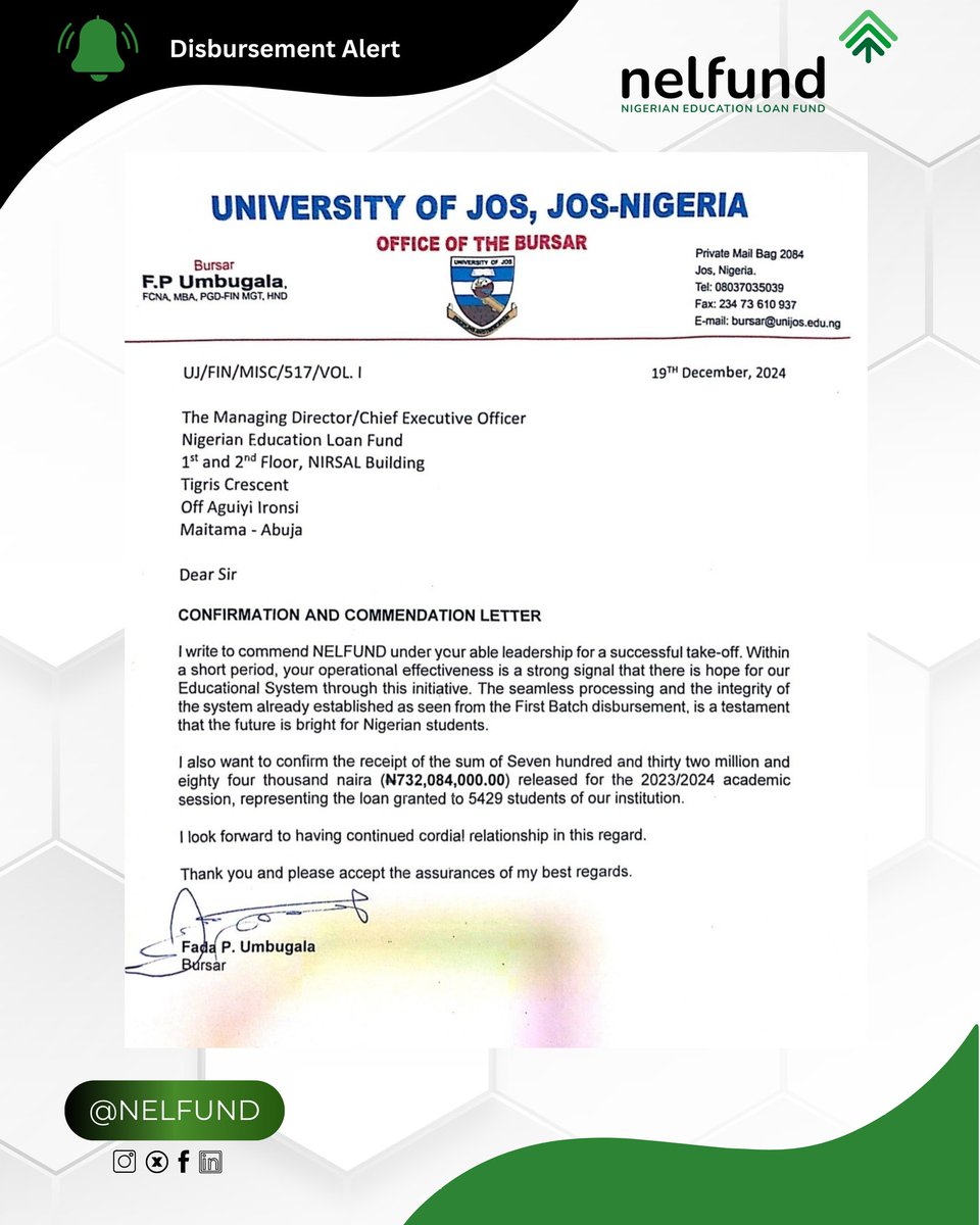 NELFUND's tweet image. Disbursement Alert 🔔
University of Jos acknowledges @NELFUND's exemplary funding with a significant boost of N732,084,000.00 for 5429 students for the 2023/2024 session.

#NelfundStudentsLoan
#Disbursement 
#educatenigeria
#nelfund