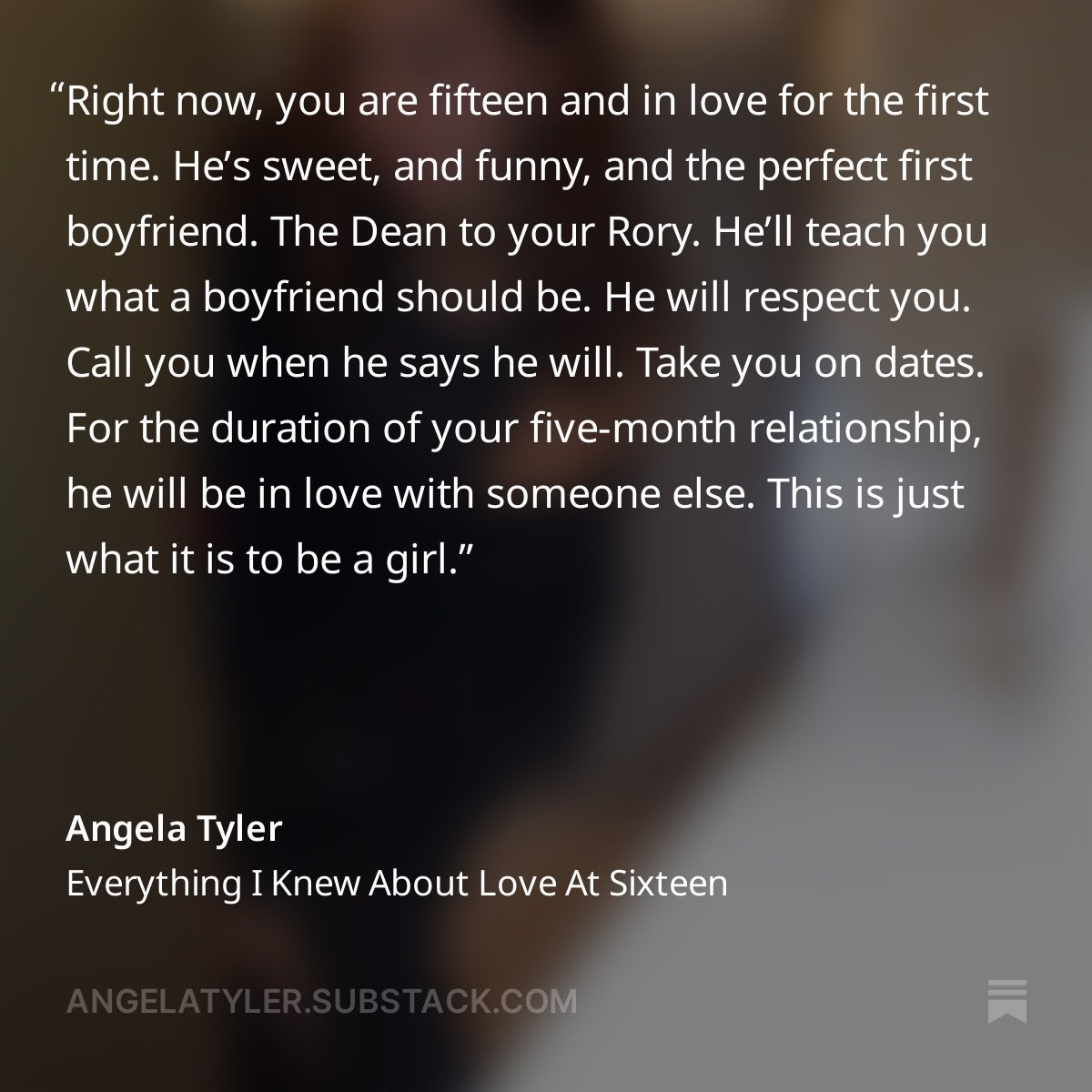 A love letter to Dolly Alderton's 'Everything I Know About Love' featuring 16 year old me posing for no one in my grandparent's bathroom. As you do. #WriterCommunity 

open.substack.com/pub/angelatyle…