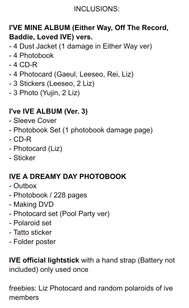 akehi_me's tweet photo. helping a friend !
 
wts lfb ph help rt 🥹🫶🏻

IVE QUITTING SALE
— take all for ₱6,000
— price nego if payo
— selling as set only 

• I'VE MINE ALBUM (Either Way, Off The Record, Baddie, Loved IVE ver)
• I'VE IVE ALBUM (Ver. 3)
• IVE A DREAMY DAY PB
• IVE official lightstick https://t.co/wMTIiYldx7