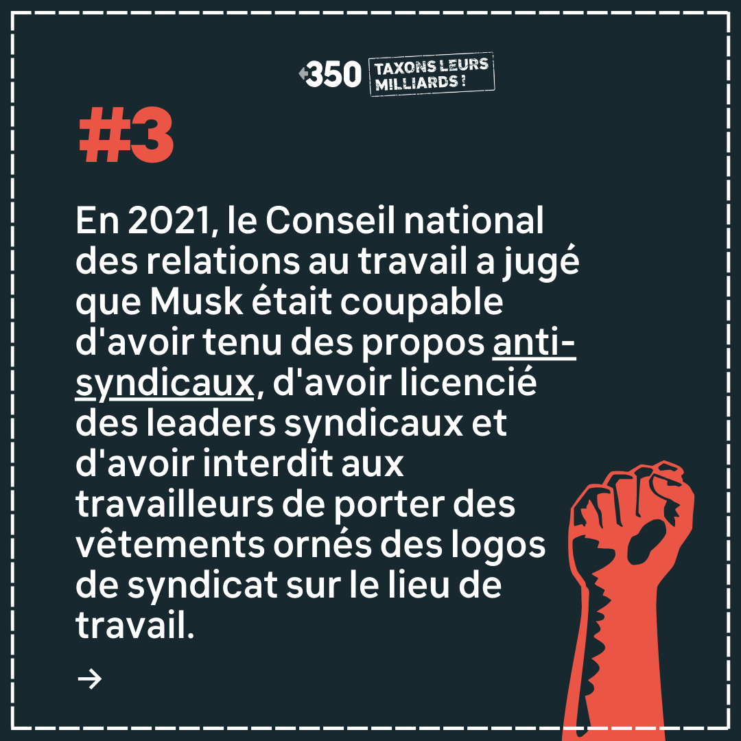 350France's tweet photo. 🤑 Jour 23 - Calendrier de l'Avent #TaxonsLeursMilliards 🤑

Aujourd'hui, nous partageons 4 faits peu réjouissants sur Elon Musk &amp; son (non) respect des droits des travailleurs

Mettons fin à cette impunité! Ensemble exigeons la taxation des ultra-riches:  https://t.co/loeEmmcM1u https://t.co/gQqjNTvUbt