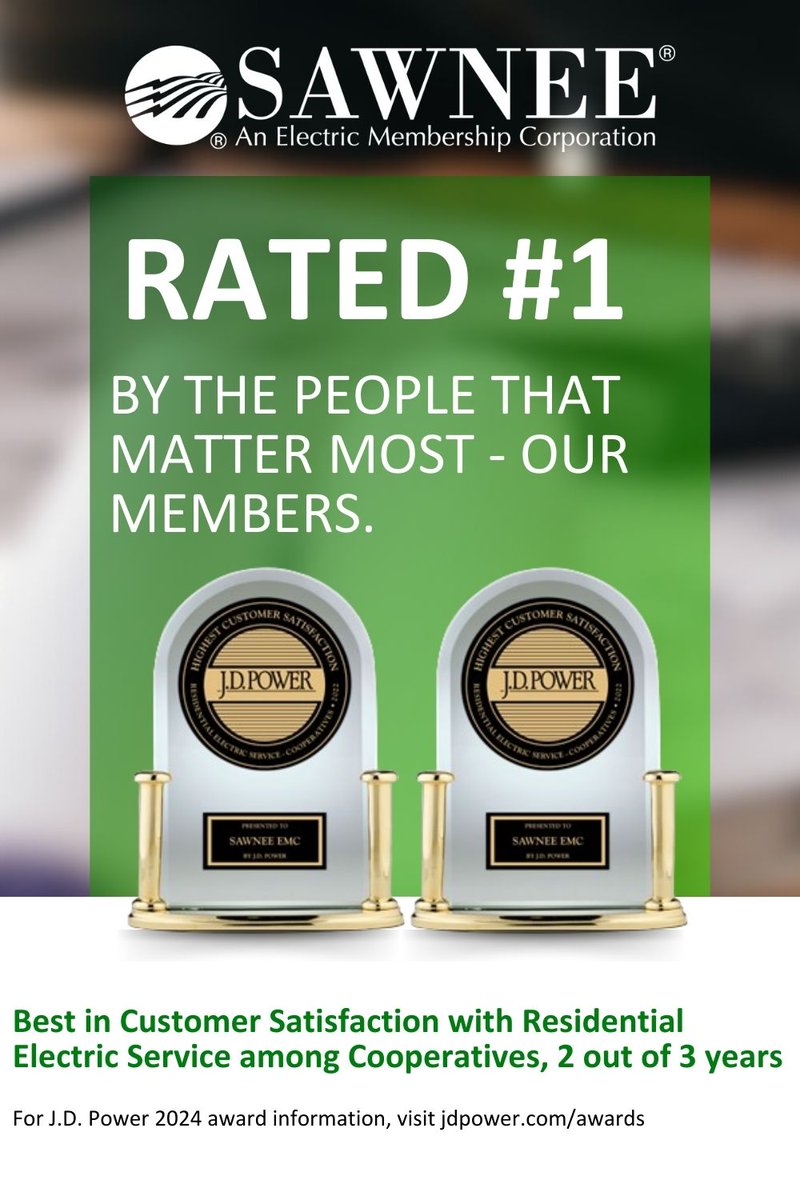 Sawnee EMC has been ranked #1 in customer satisfaction! Thank you for your trust - we are proud to be your local electric provider.  #MoreThanElectricity #WeAreService