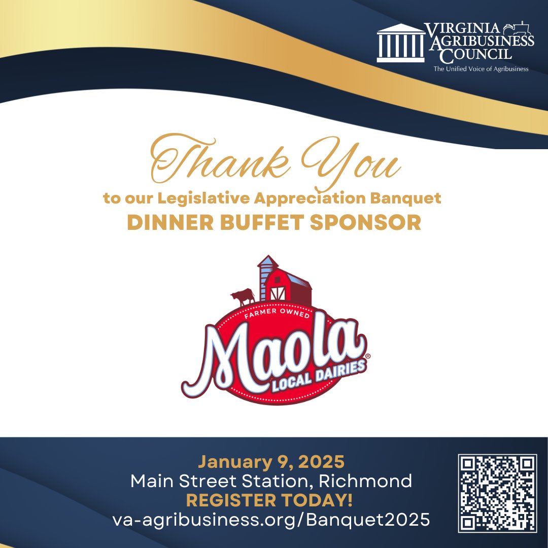 Agribusiness Council (@vaagribiz) on Twitter photo We are very excited to have <a href="/MaolaMilk/">Maola Local Dairies</a> as one of our Dinner Buffet Sponsors for the Legislative Banquet! From sauces to casseroles to dessert we have a variety of delicious dishes using local milk. Tickets are almost sold out - get yours today! va-agribusiness.org/Banquet2025 We are very excited to have <a href="/MaolaMilk/">Maola Local Dairies</a> as one of our Dinner Buffet Sponsors for the Legislative Banquet! From sauces to casseroles to dessert we have a variety of delicious dishes using local milk. Tickets are almost sold out - get yours today! va-agribusiness.org/Banquet2025