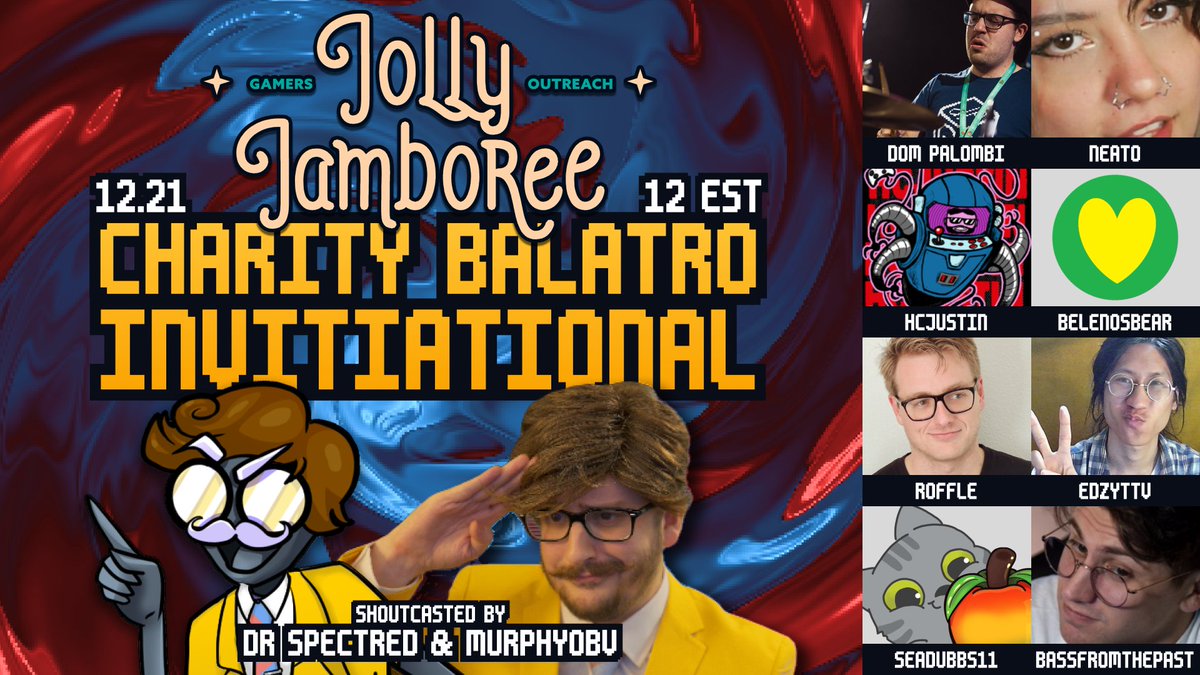 murph ๐๐ (@murphyobv) on Twitter photo Excited to announce I'll be hosting a Charity Balatro Invitational with some awesome people for <a href="/GamersOutreach/">Gamers Outreach</a> !
Join us Sat Dec 21 Noon EST, for an awesome day of games, music & fun to help raise funds for a great cause! #JJ2024
Hope to see you there! Excited to announce I'll be hosting a Charity Balatro Invitational with some awesome people for <a href="/GamersOutreach/">Gamers Outreach</a> !
Join us Sat Dec 21 Noon EST, for an awesome day of games, music & fun to help raise funds for a great cause! #JJ2024
Hope to see you there!