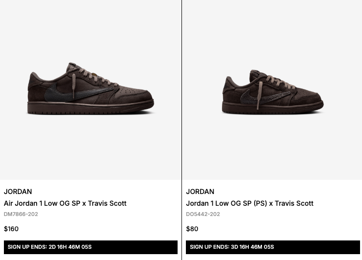snkr_twitr's tweet photo. AD: Travis Scott x Jordan 1 Low OG SP 'Velvet Brown' showing sign-up open for SNS but might be for EU atm

Open app https://t.co/GlNNF4tH4Y

Check throughout the day https://t.co/rMUt0vdUjV