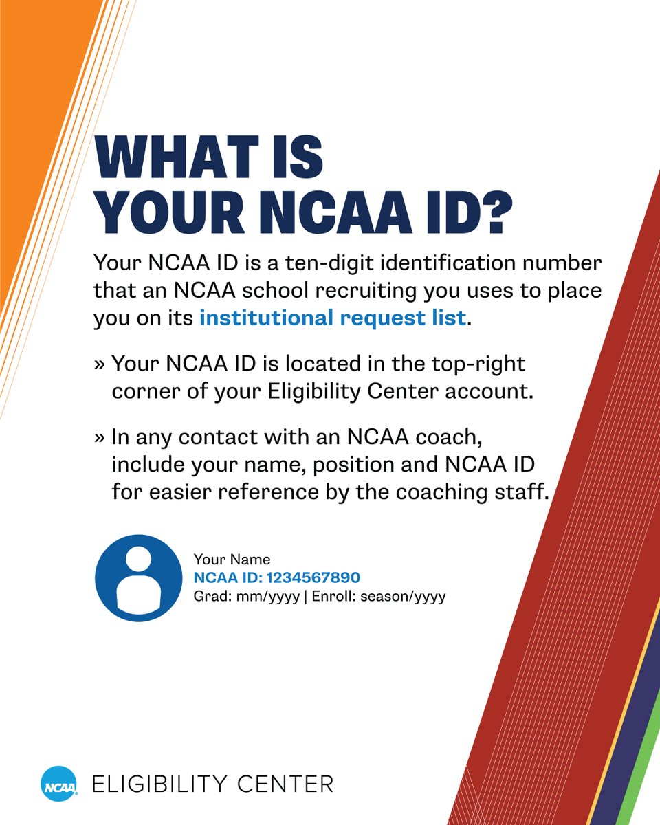 Share your NCAA ID with <a href="/NCAA/">NCAA</a> schools recruiting you so each school can place you on its institutional request list.

🔗 on.ncaa.com/ec
